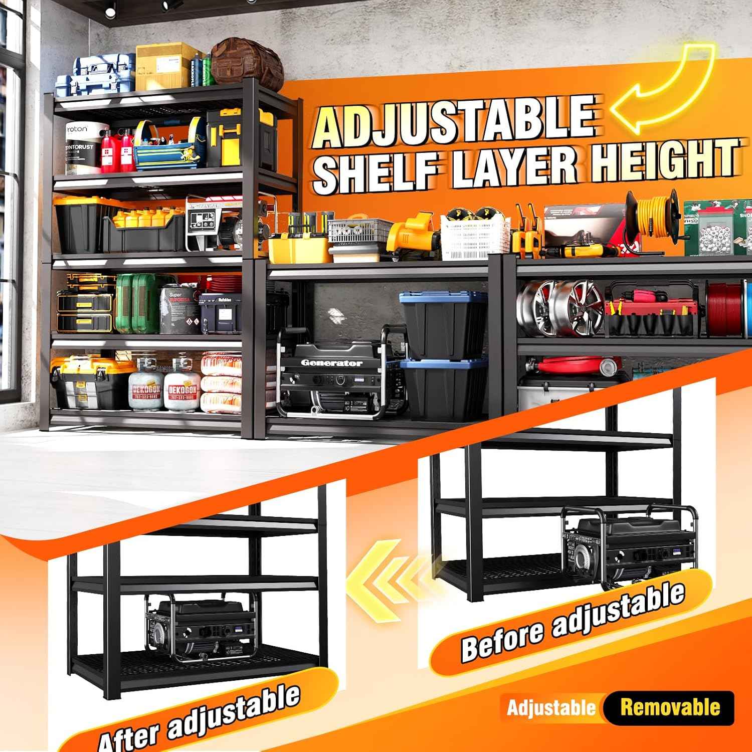 72''H 36''W Storage Shelves,2500LBS Garage Shelving ,Adjustable Garage Shelves ,Heavy Duty Metal Shelving, 5 Tier Wood Utility Steel Shelf, Shelving Units and Storage Rack fo Kitchen Pantry Laundry