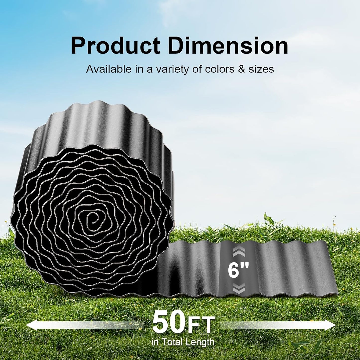 Land Guard Corrugated Garden Edging Border, 6" x 50' Landscape Paver Edging, Tall Landscape Edging, Fence for Garden, Flower Bed, Lawn and Landscape Edging (Glossy Black)