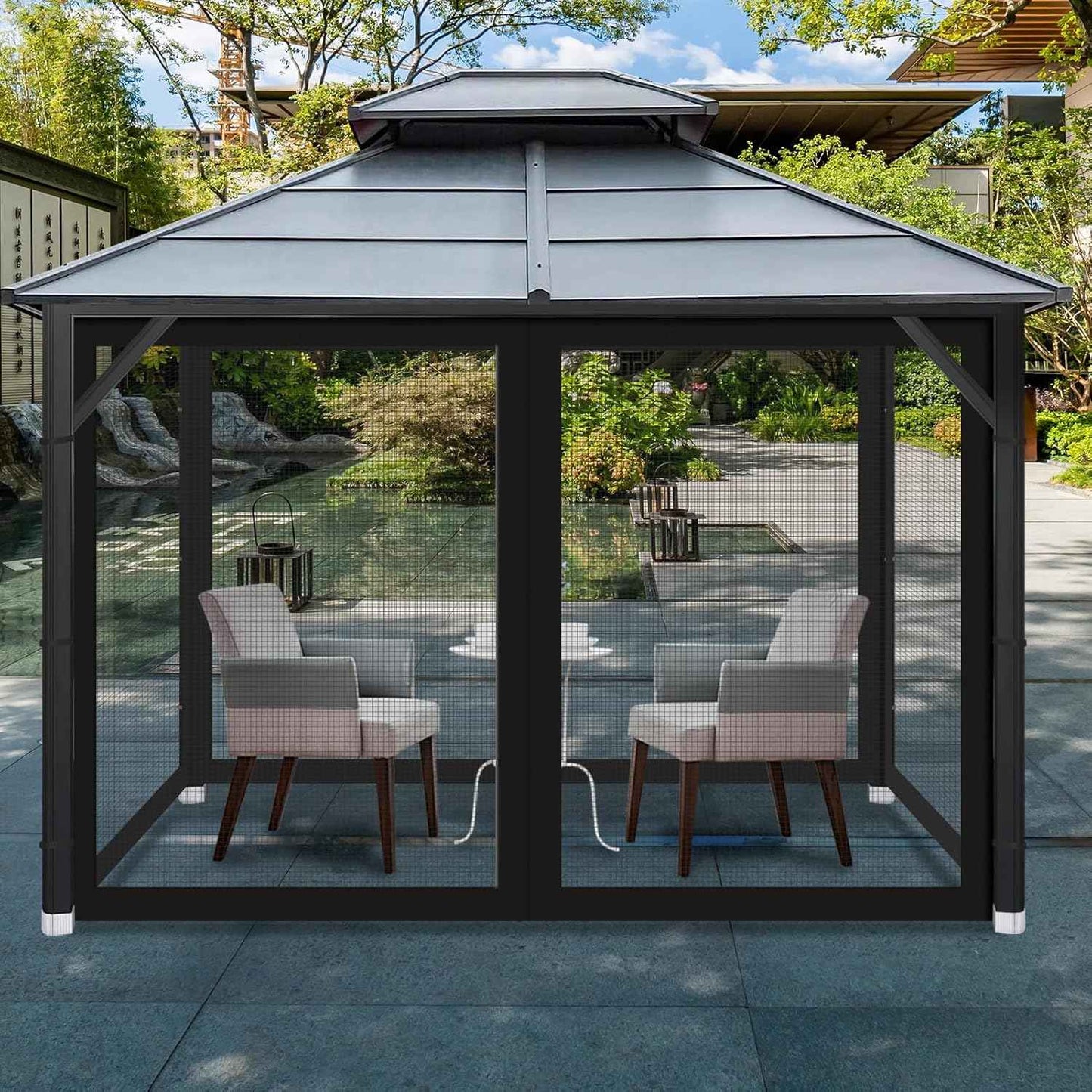 Gazebo Universal Replacement Mosquito Netting, Outdoor Mesh Netting Screen 4-Panel Sidewall with Zipper for Patio, Canopy, Garden and Backyard, Gray(Mosquito Net Only) (Black, 10' x 10')