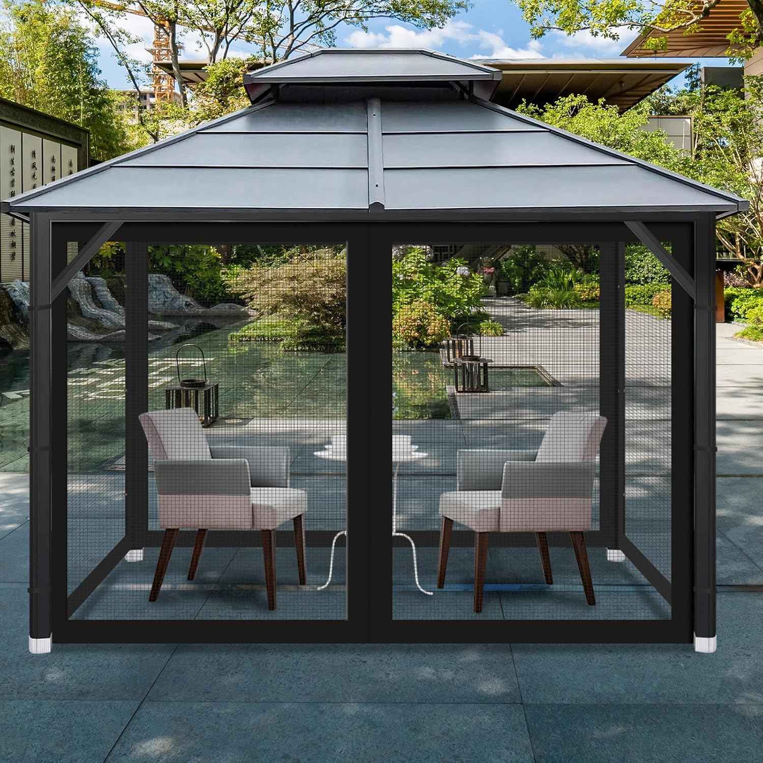 Gazebo Universal Replacement Mosquito Netting, Outdoor Mesh Netting Screen 4-Panel Sidewall with Zipper for Patio, Canopy, Garden and Backyard, Gray(Mosquito Net Only) (Black, 10' x 10')