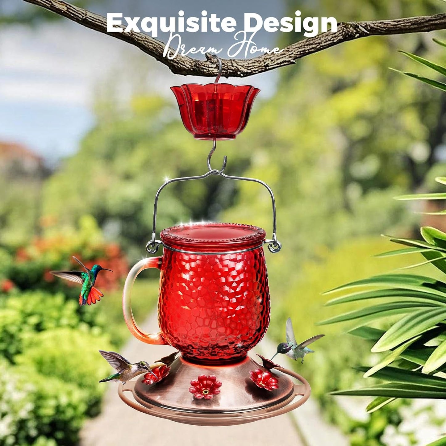 Kingsyard Glass Hummingbird Feeders for Outdoors, 16 Oz Wild Bird Feeder 6 Feeding Ports & Ant Moat Included, Hanging Bird Nectar Feeder Garden Red Décor Gifts for Mom, Red