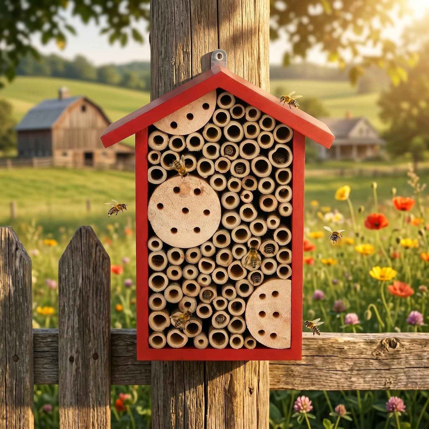 Topadorn Red Wooden Bee House, Natural Bamboo Tube Bee Hotel for Mason Bees, Outdoor Garden Pollinator Shelter with Hanging Ring