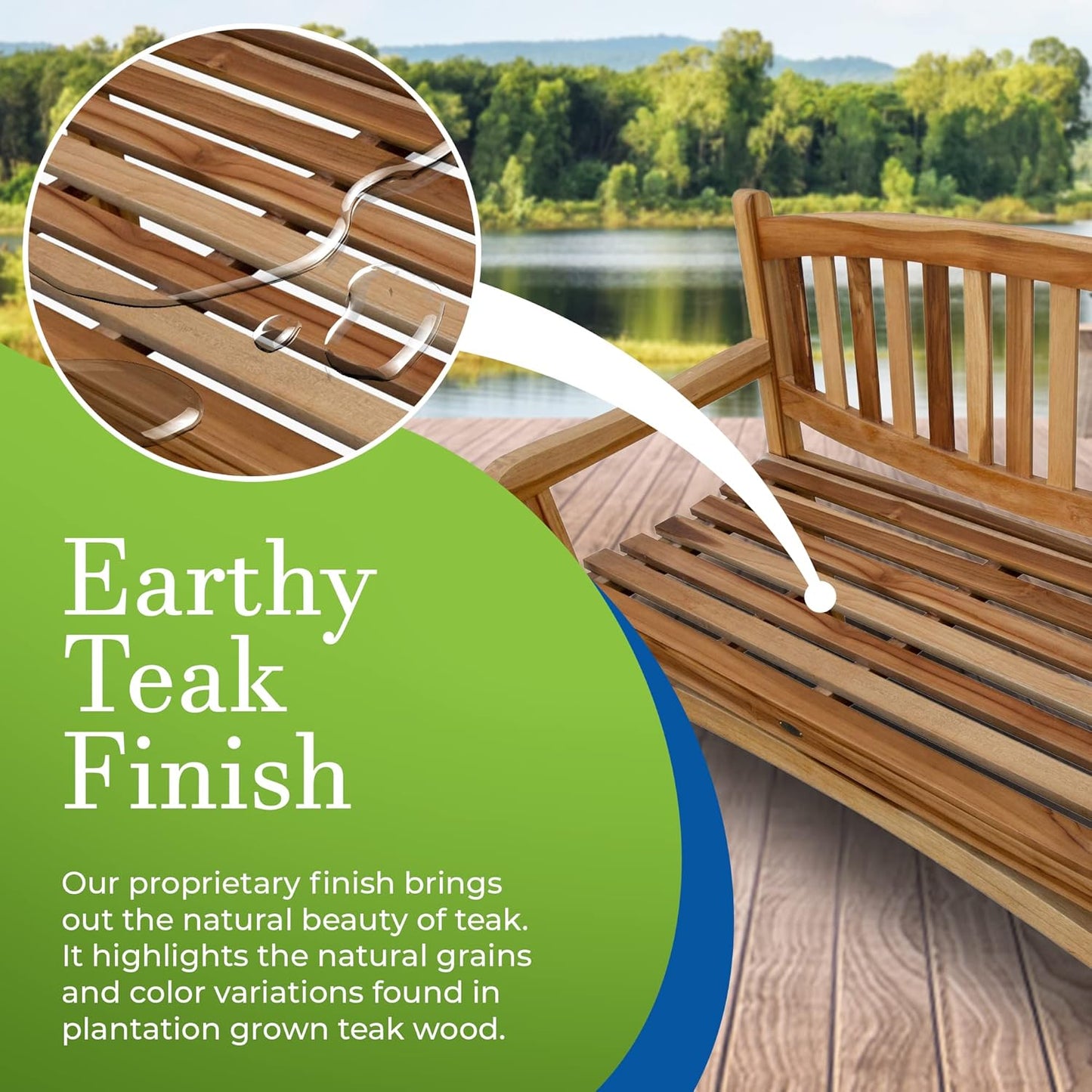 EcoDecors Kent 51 inch Outdoor Bench Teak Wood Garden Bench for Patio with Armrests and Backrest for Indoor Use and Outdoor, in Natural Color