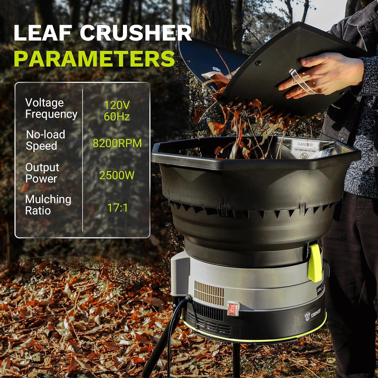 Electric Leaf Mulcher/Shredder: DEKOPRO 13-Amp 8200RPM Motor for 17:1 Reduction Ratio, Adjustable Control Dia with Leaf Scoops Spade and 20 Cutting Lines