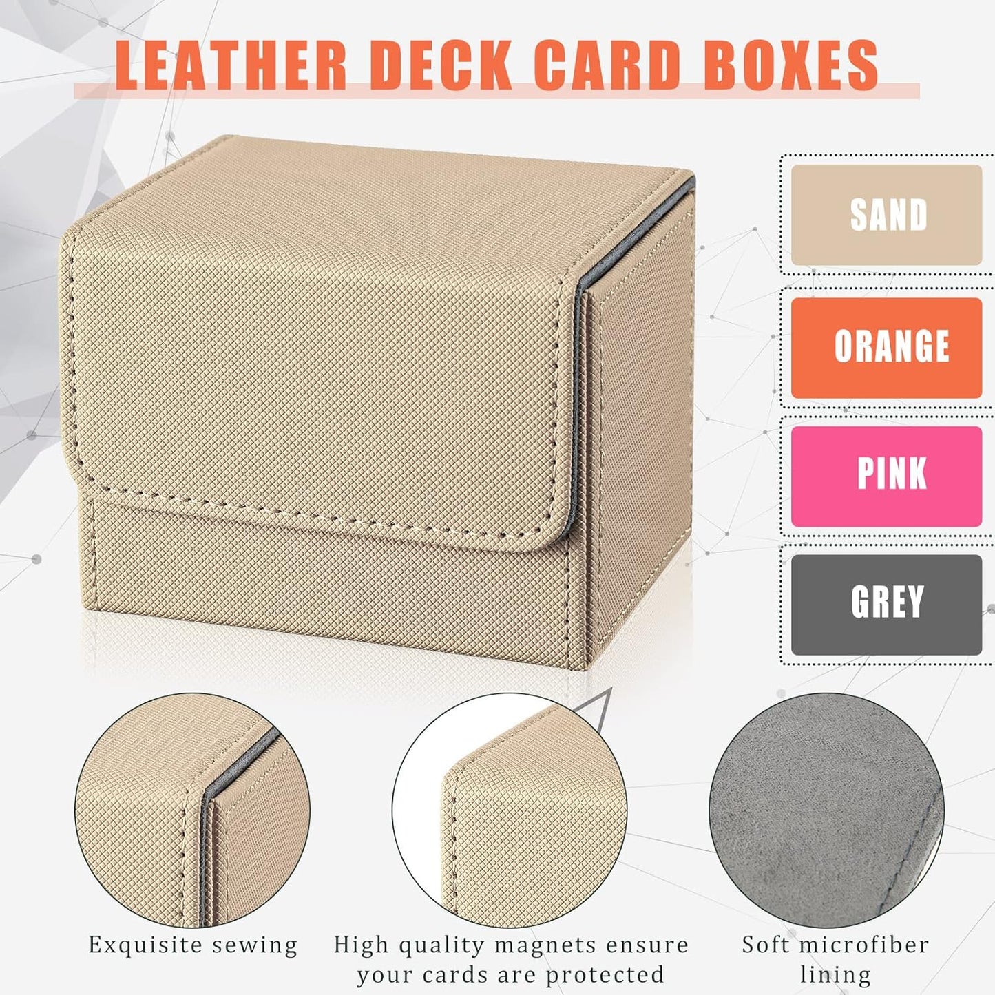 Yookeer 4 Pieces Leather Deck Card Boxes Cards Deck Game Box for Collectible Playing Card Box Compatible with MTG Commander(Pink, Orange, Sand, Gray,Horizontal)