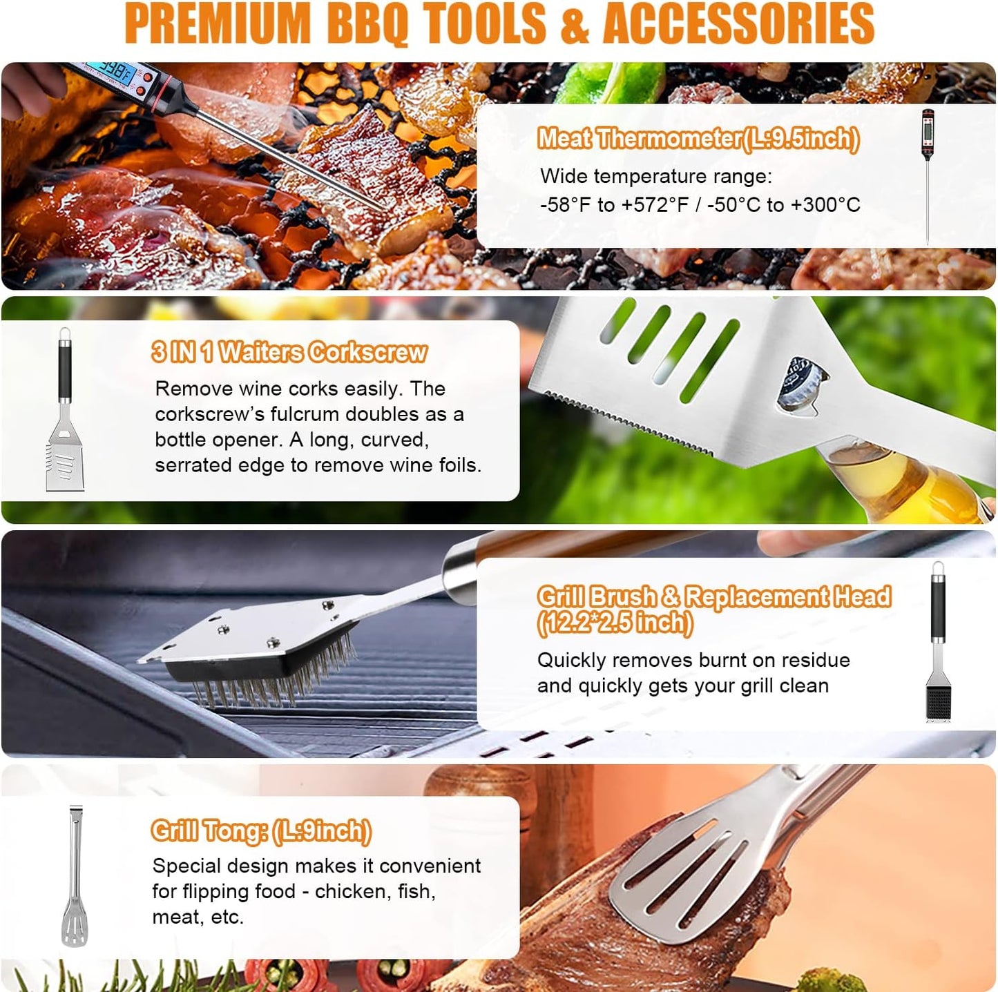 BBQ Grill Accessories Set, 38Pcs Stainless Steel Grill Tools Grilling Accessories with Aluminum Case, Thermometer, Grill Mats for Camping/Backyard Barbecue, Grill Utensils Set for Men Women