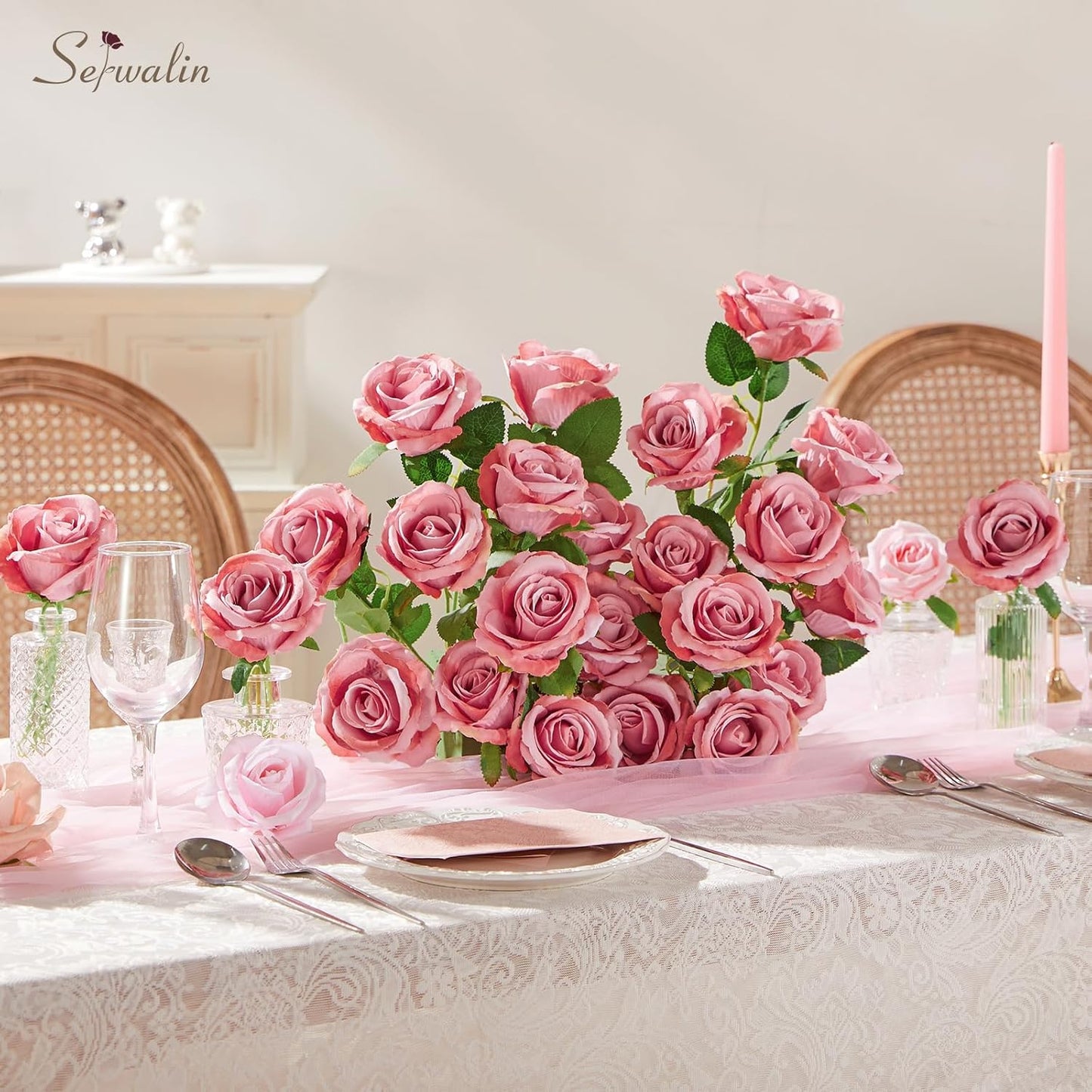 Serwalin 30pcs Artificial Roses Flowers, Dusty Pink Roses with Long Stems Realistic Fake Silk Roses Flowers for DIY Wedding Bouquet Centerpieces Party Home Table Decor