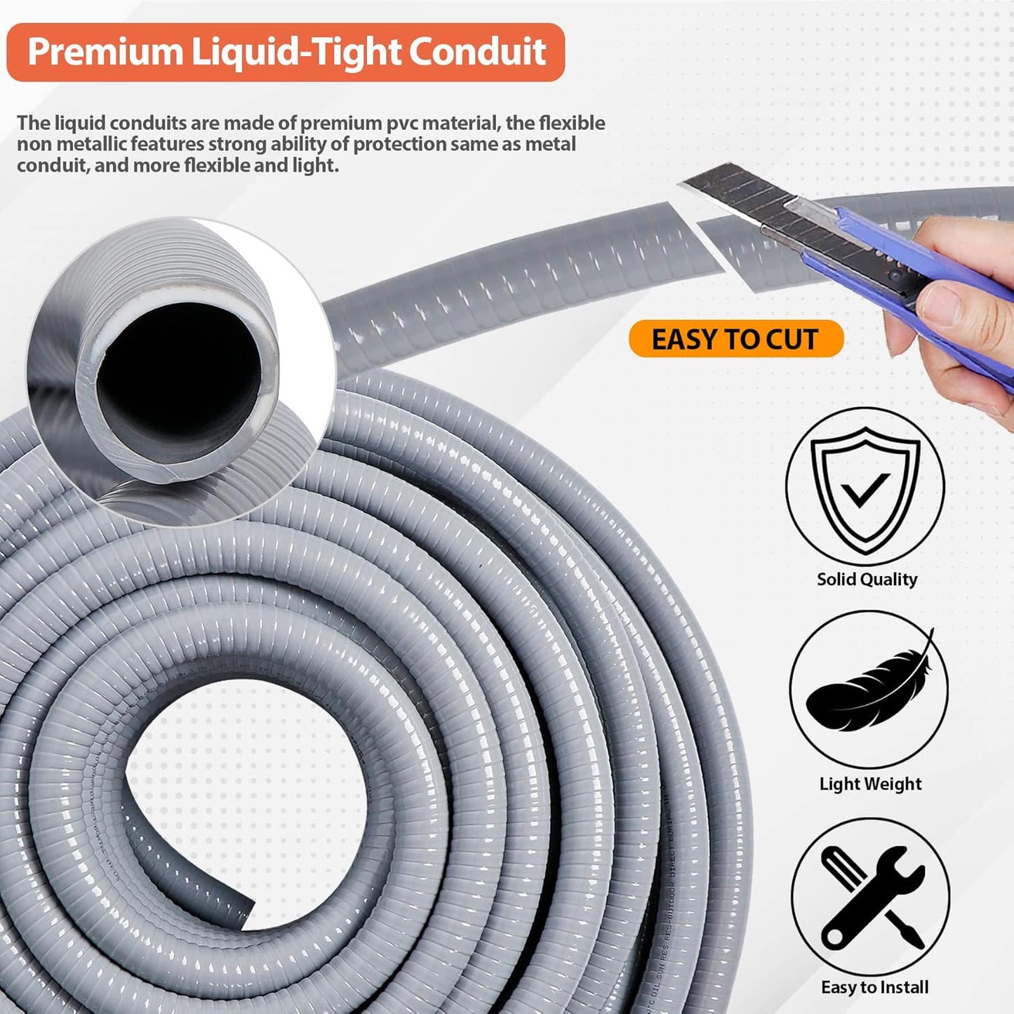 Liquid-Tight Conduit 3/4 50ft, Electrical Conduit w/UL Certification, Flexible Conduit with 5 Straight and 5 90-Degree Conduit Connector Fittings