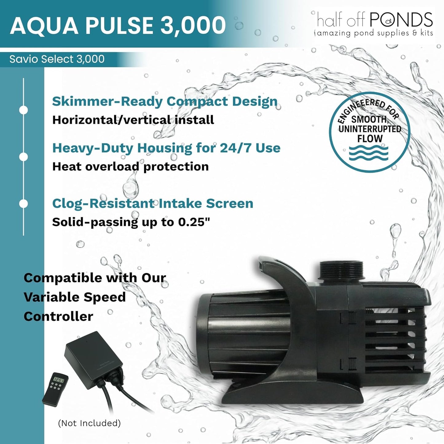 HALF OFF PONDS Savio Select 3,000 GPH Submersible Pump Pond Kit with 20' x 25' EPDM Rubber Pond Liner for Water Garden & Koi Pond
