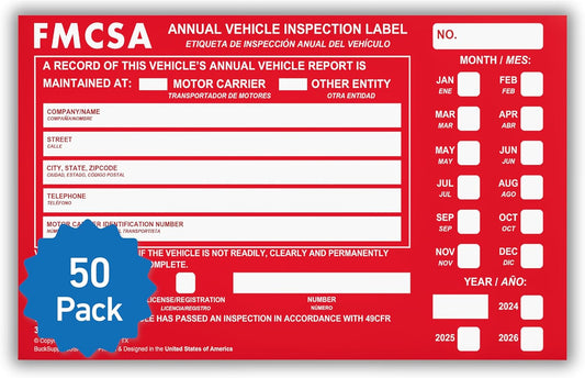 50 Pack Buck Aluminum Annual Vehicle Inspection Label with Punch Boxes, 2 Mil Red FMCSA Self Adhesive Sticker, DOT Compliant, Weatherproof, Tear Resistant, Easy to Write On, 6" x 3.5" - Made in USA