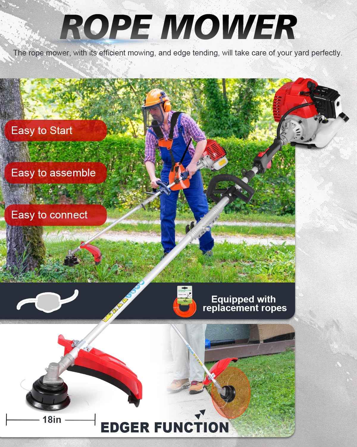5-in-1 Weed Wacker Gas Powered – 52CC 2-Stroke String Trimmer/Edger, Pole Saw, Hedge Trimmer and Brush Cutter Blade with Extension Pole – Gas Powered Yard Tool for Landscaping (Red)