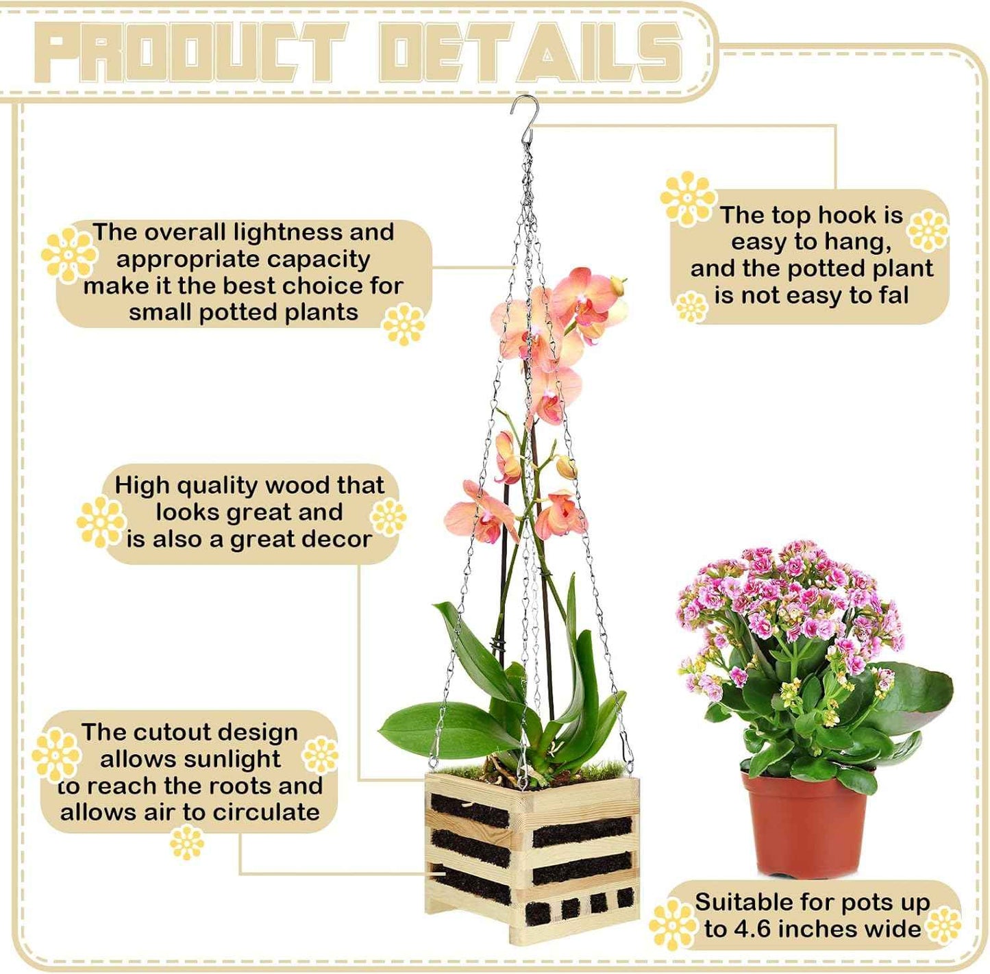 Bucherry Wooden Hanger Orchid Basket 6 Inches with Hangers Rustic Wood Hanging Orchid Planter Square Basket for Indoor or Outdoor Flower Planter with 20 Inches Hanger Chain(1 Set,6 Inch)