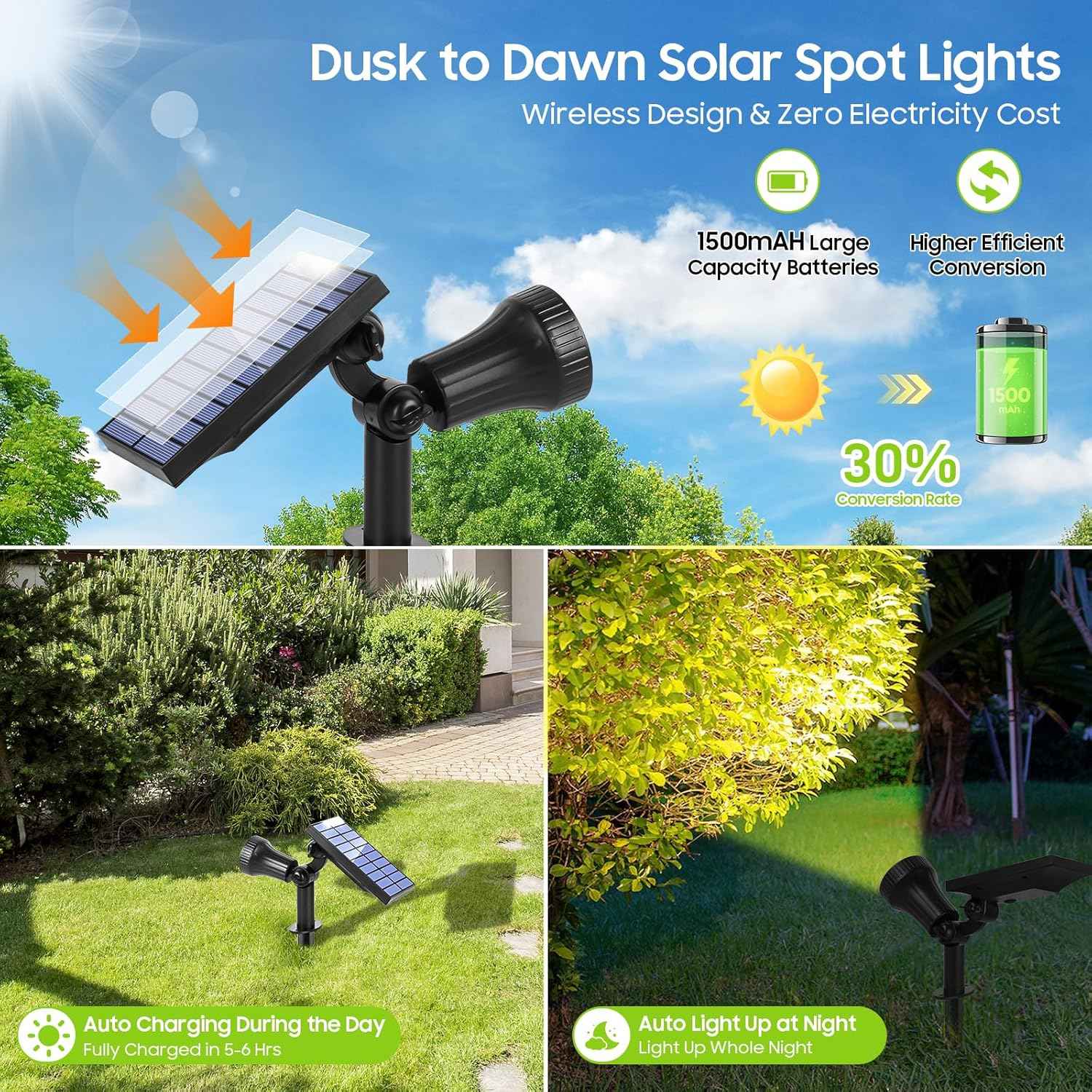 Solar Spot Lights Outdoor Waterproof, Upgraded 3-Level Ultra Bright LED Spotlights for Landscape, Solar Powered Garden Uplights for Wall, Tree, Pathway, Yard, Patio, Auto On/Off - 4 Pack (Warm White)