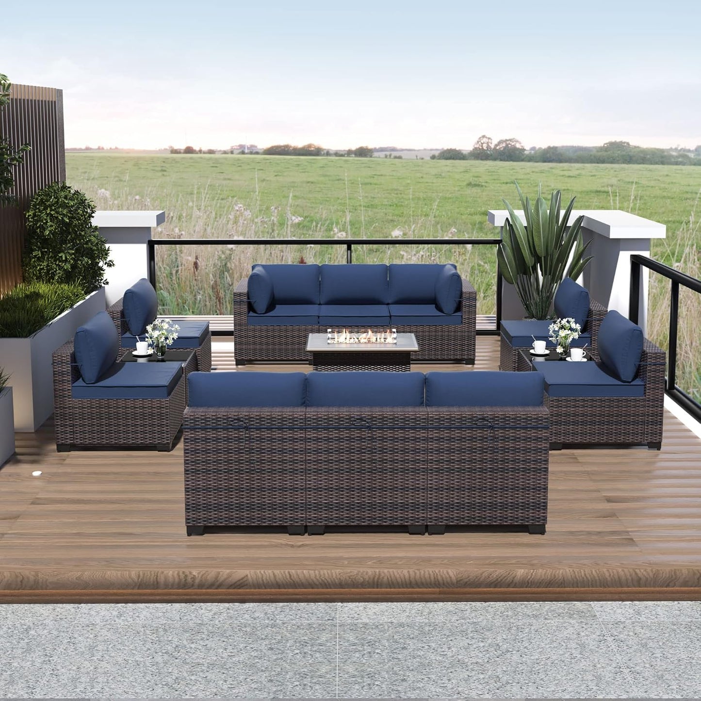 Outdoor Patio Furniture Set with Gas Fire Pit Table, 13 Pieces Outdoor Furniture Set Patio Sectional Sofa w/43in 55000 BTU Propane Fire Pit, PE Wicker Rattan Patio Conversation Sets - Dark Blue