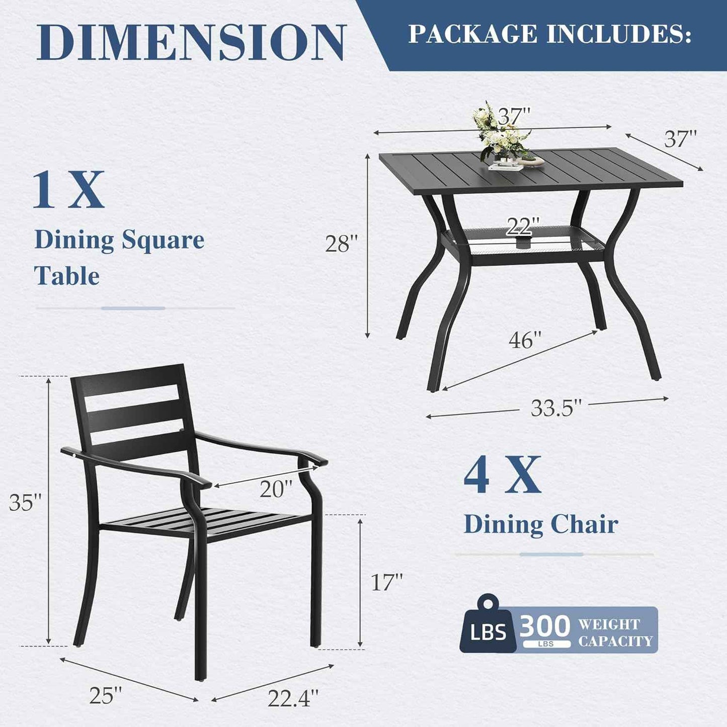 HOMREST 5 Piece Outdoor Patio Dining Set for 4, 37" Square Metal Table with Umbrella Hole and Storage Shelf, Stackable Wrought Iron Chairs, Patio Furniture Set for Deck/Backyard/Poolside/Garden
