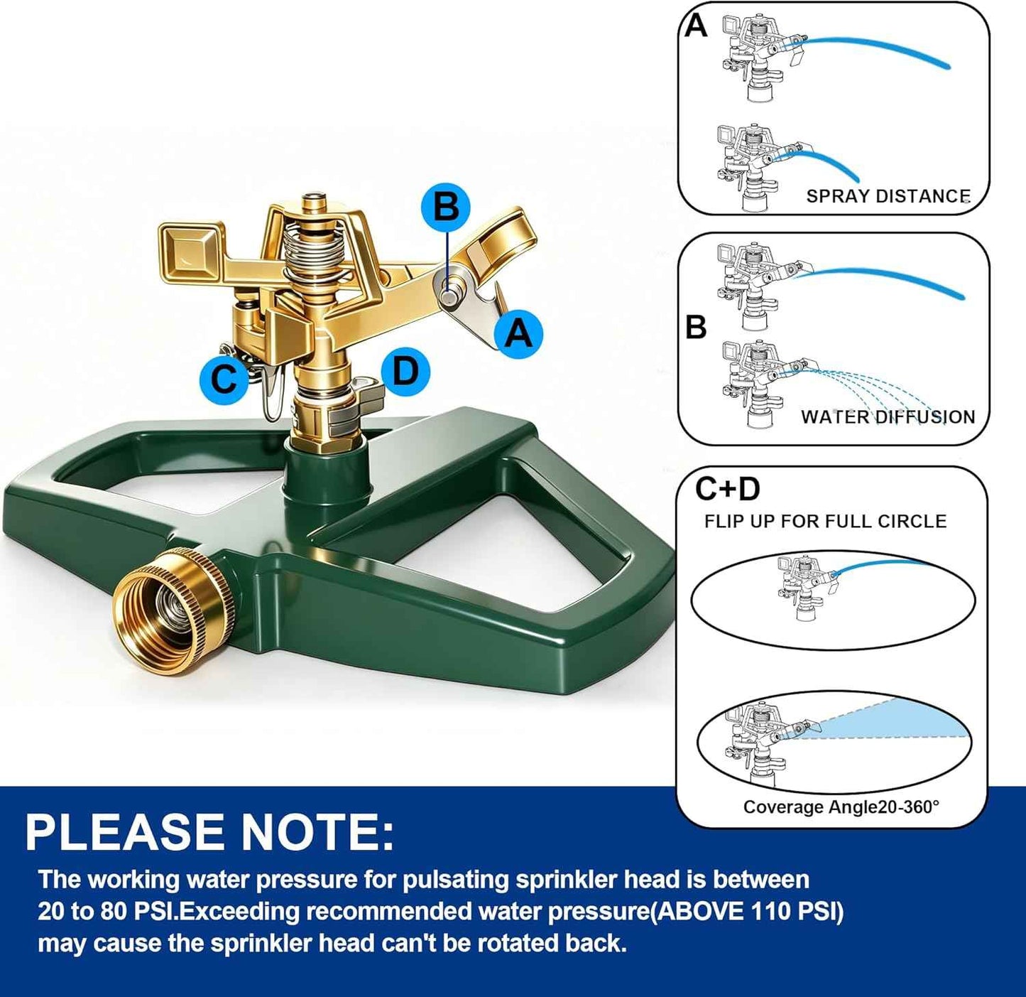 Hourleey Impact Pulsating Sprinklers for Yard - Heavy Duty Lawn Sprinkler with Metal Base, Adjustable Rotating 360 Degree for Large Area Garden, Coverage up to 5,800 Sq. Ft
