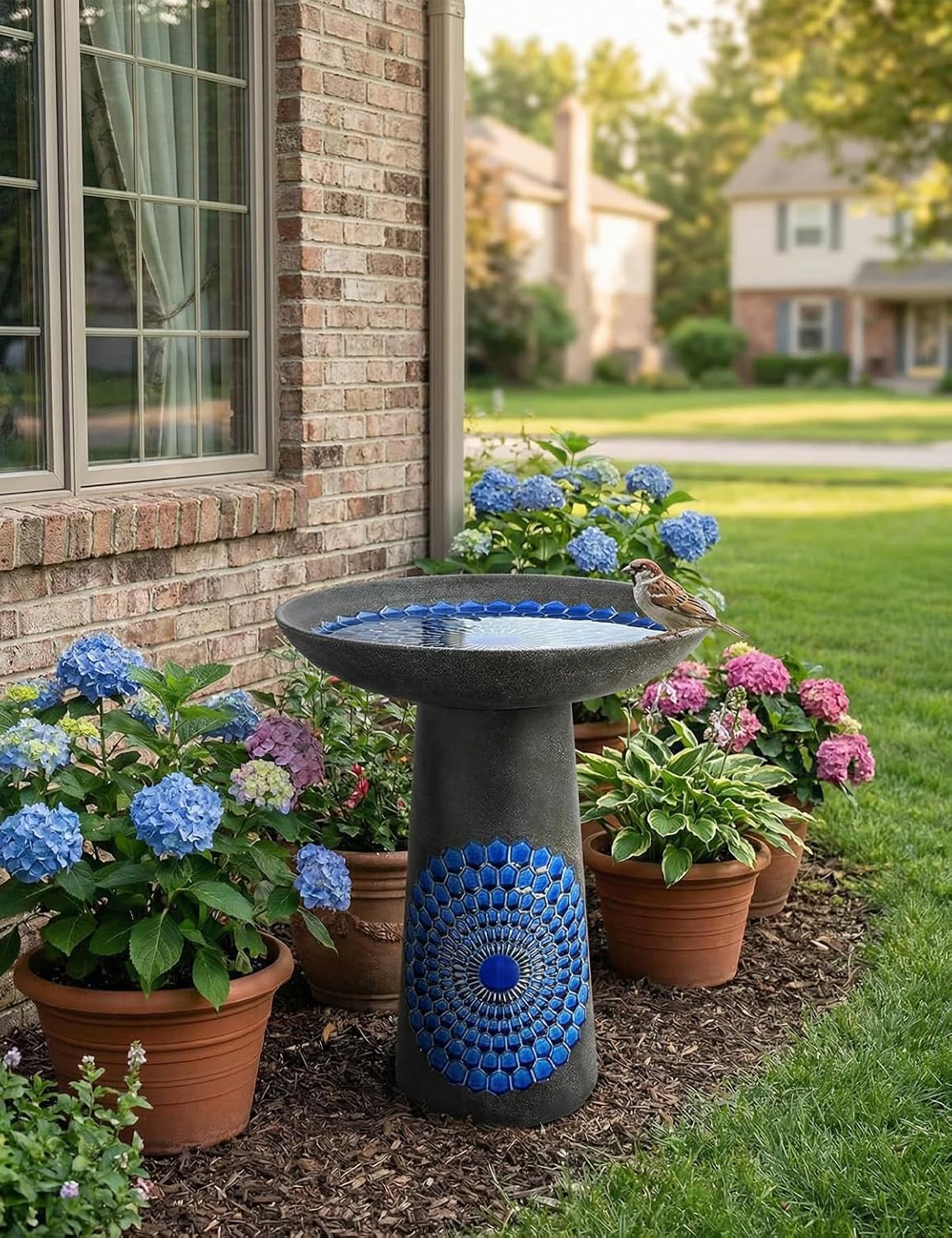 Ceramic Bird Bath for Outdoors – 21.5 Inch Heavy Duty, Diamond Blue Design for Garden & Patio Décor, Perfect for Bird Watching & Outdoor Spaces