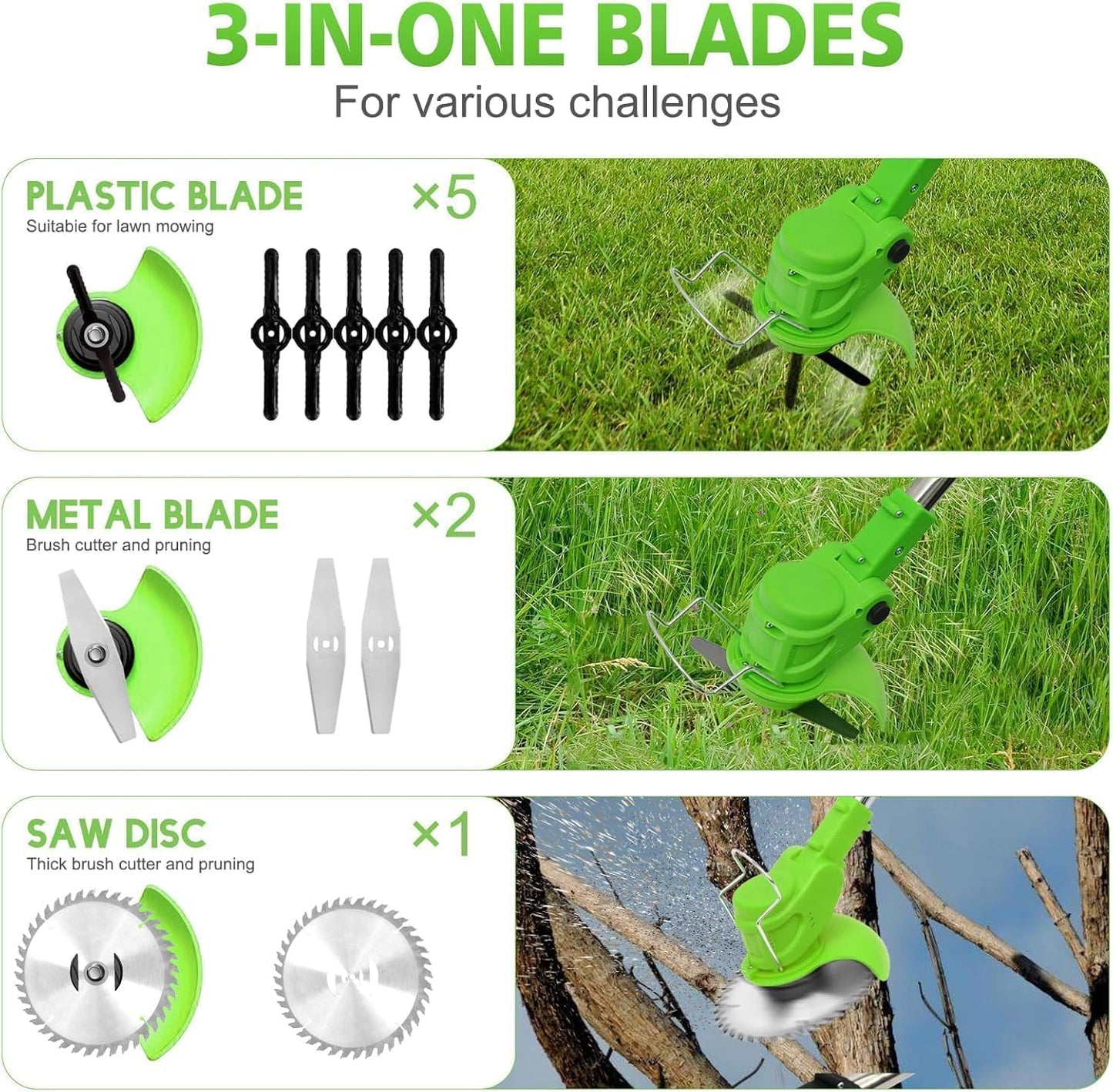 Electric Weed Wacker Cordless stringless,Grass Trimmer,with 2 Batteries, 1 Charger, 3 Types Blades, Weed Wacker Eater Battery Powered Lightweight Battery Weed Trimmer for Yard and Garden