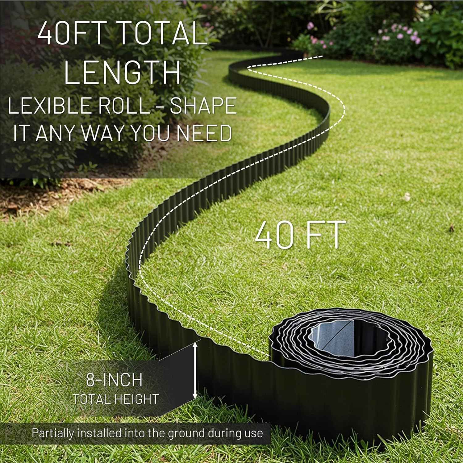 40FT x 8IN Flexible Corrugated Metal Garden Edging Roll, Rust Resistant Galvanized Steel Landscape Border, Flexible Lawn Edging for Flower Beds, Pathways & Outdoor Landscaping