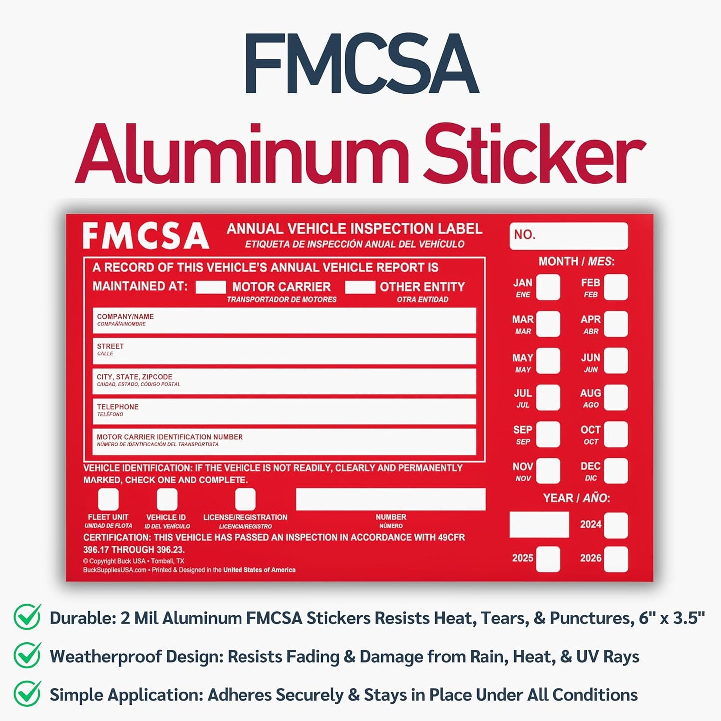 50 Pack Buck Aluminum Annual Vehicle Inspection Label with Punch Boxes, 2 Mil Red FMCSA Self Adhesive Sticker, DOT Compliant, Weatherproof, Tear Resistant, Easy to Write On, 6" x 3.5" - Made in USA