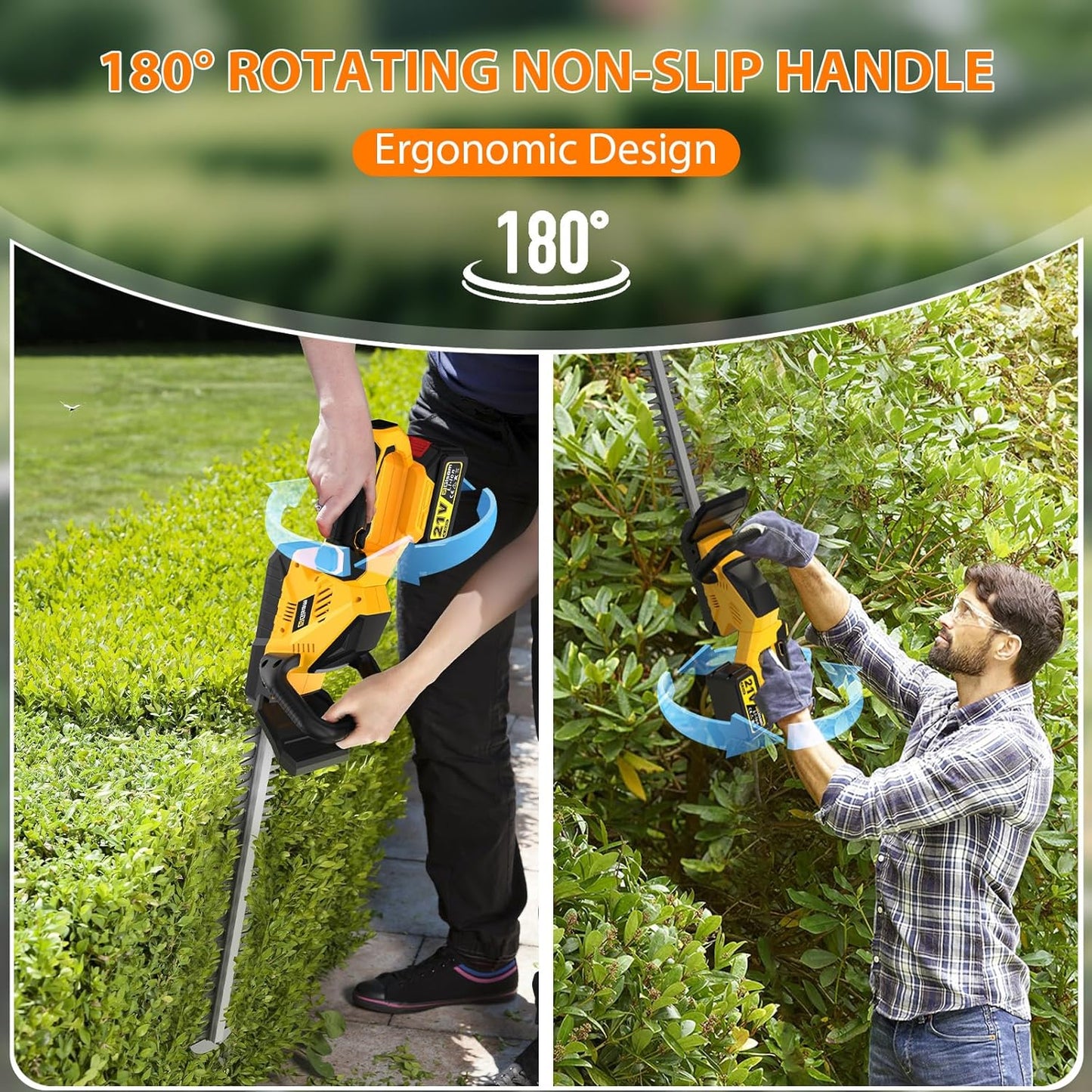 22''Hedge Trimmer Cordless,21V Electric Handheld Bush Clipper with 2 Pack 4000mAh Rechargeable Batteries,3200RPM 180°Rotatable Head,3/4''Blade Gap,Lightweight & Compact Trimmer