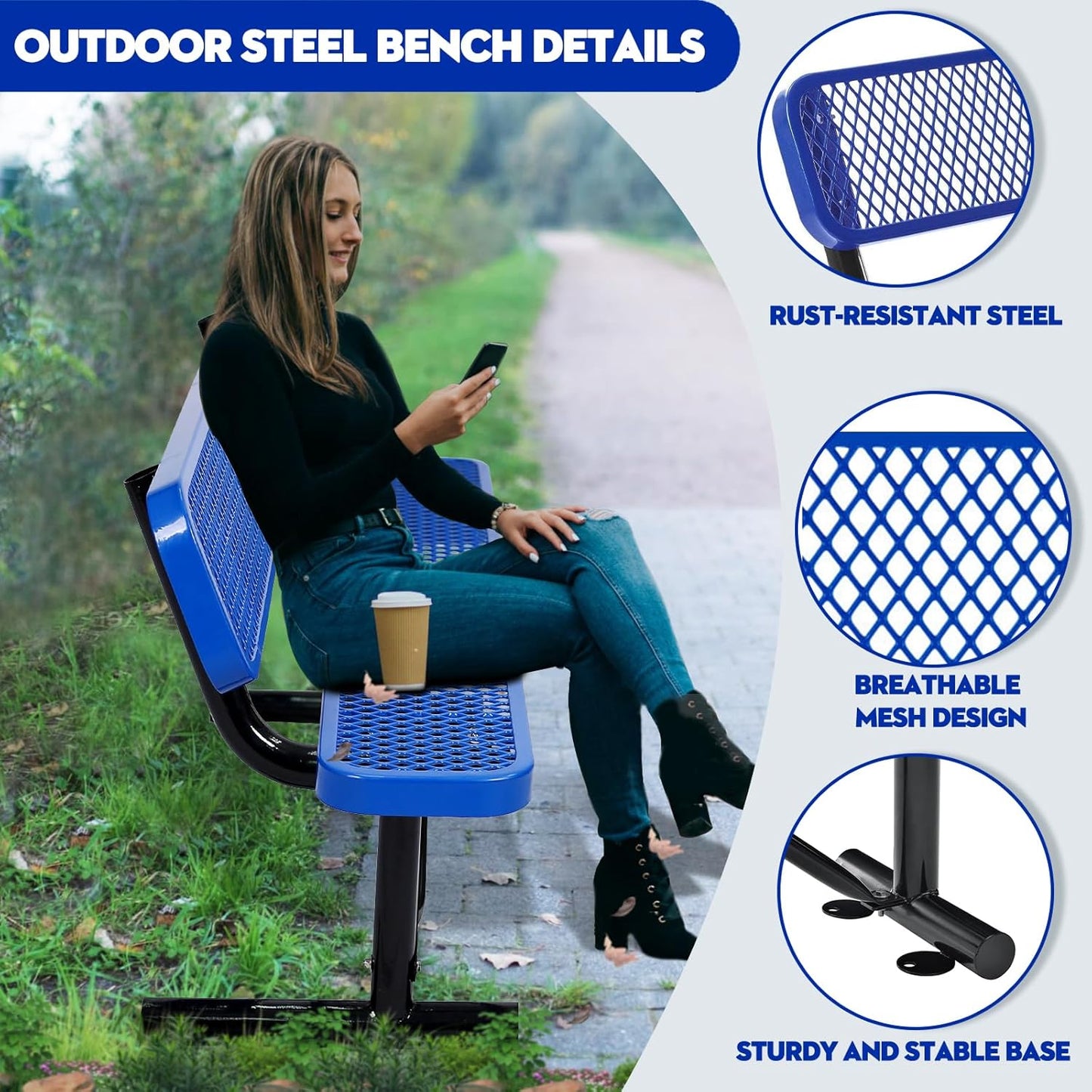 Drexo 6FT Heavy Duty Park Bench with Back Portable Frame, Outdoor Metal Park Bench with Backrest, Steel Mesh Outdoor Bench for Garden, Lawn, Patio, Porch, Park, Yard, Blue