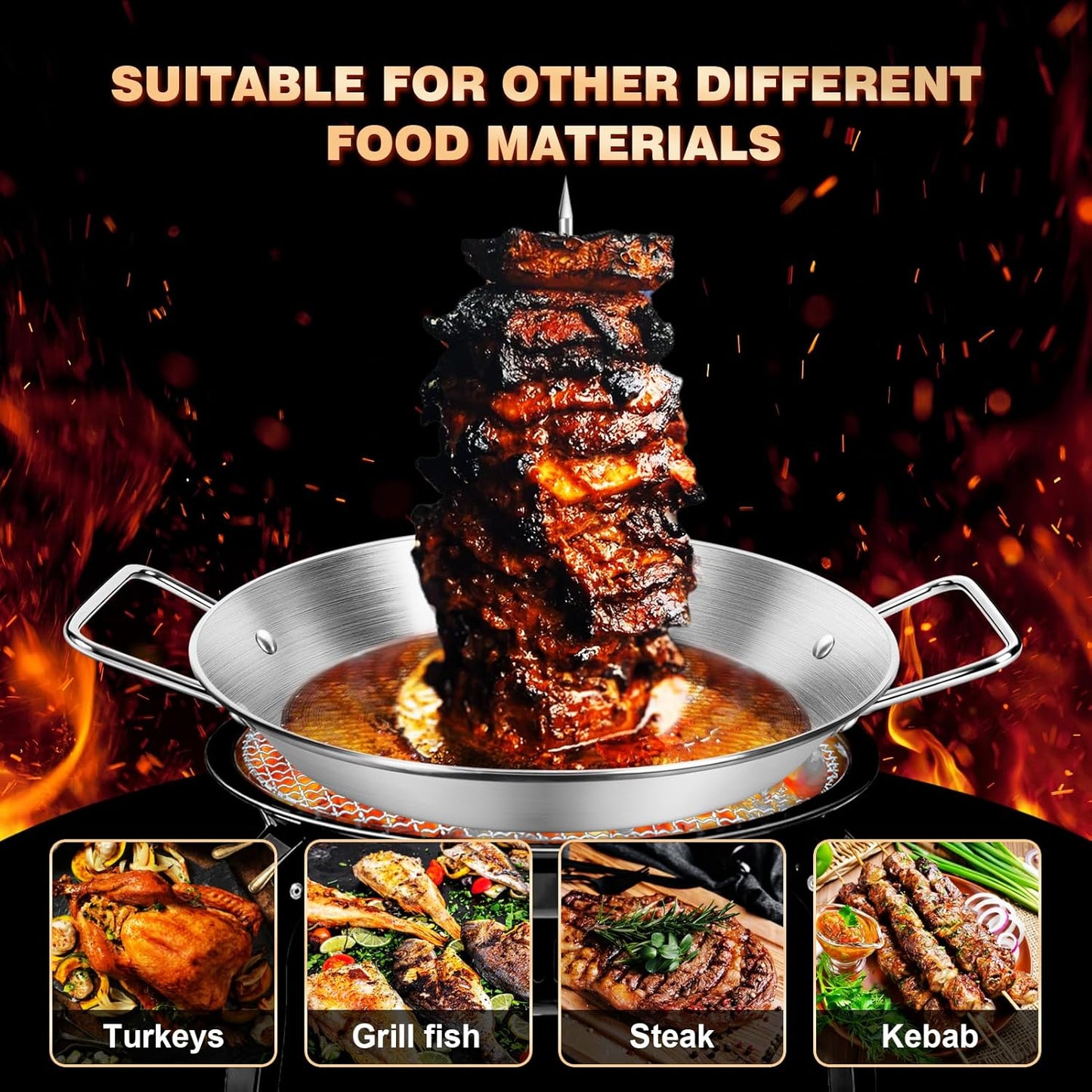 Stainless Steel Al Pastor Skewer & Gyro Pan for Grill – BBQ Vertical Skewer Pan Set with 3 Removable Spikes (8”/10”/12”), Brushes & Tongs, Brazilian Spit Stand for Tacos, Shawarma, Kebabs, Oven