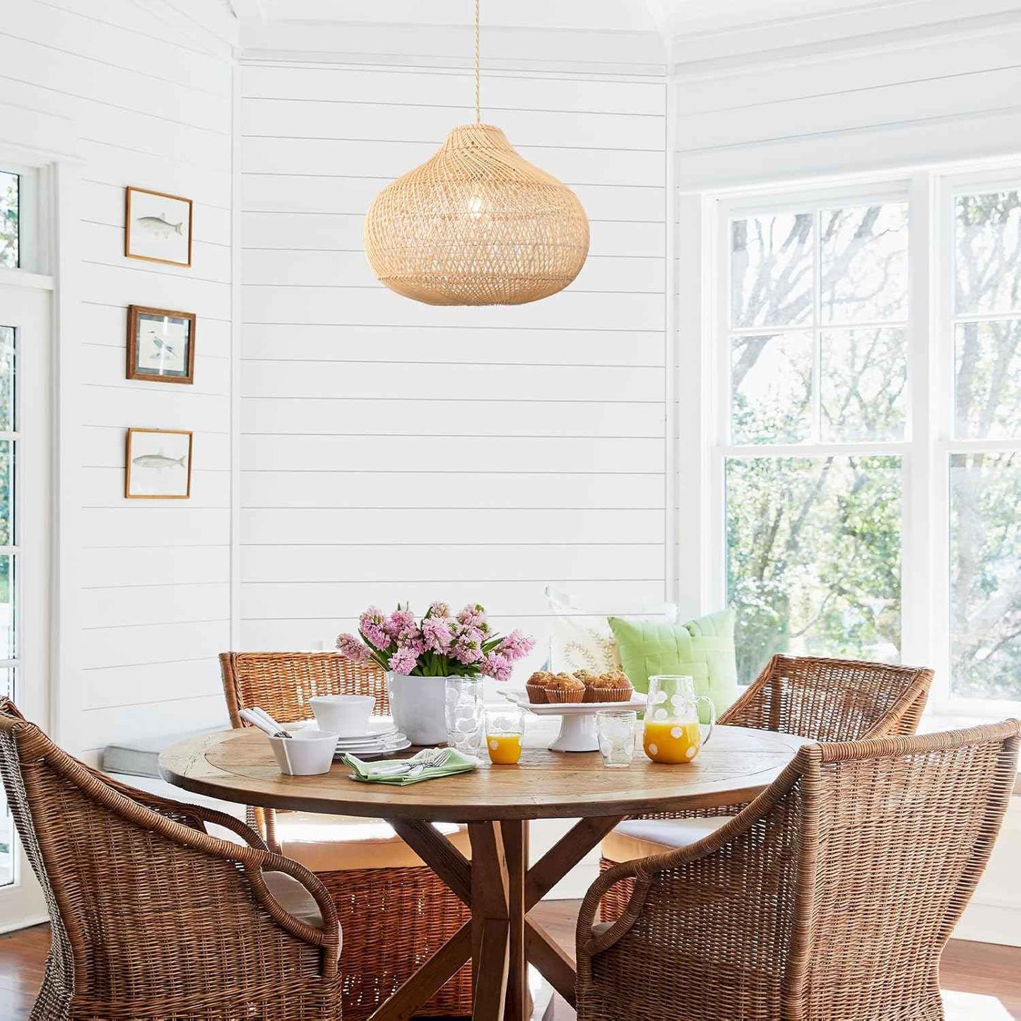 LynPon Rattan Boho Pendant Lights, 15.74'' Large Kitchen Island Wicker Chandelier, Hand Woven Farmhouse Pendant Light Fixture, Modern Hanging Chandeliers for Dining Room Foyer Entryway Bedroom Hallway