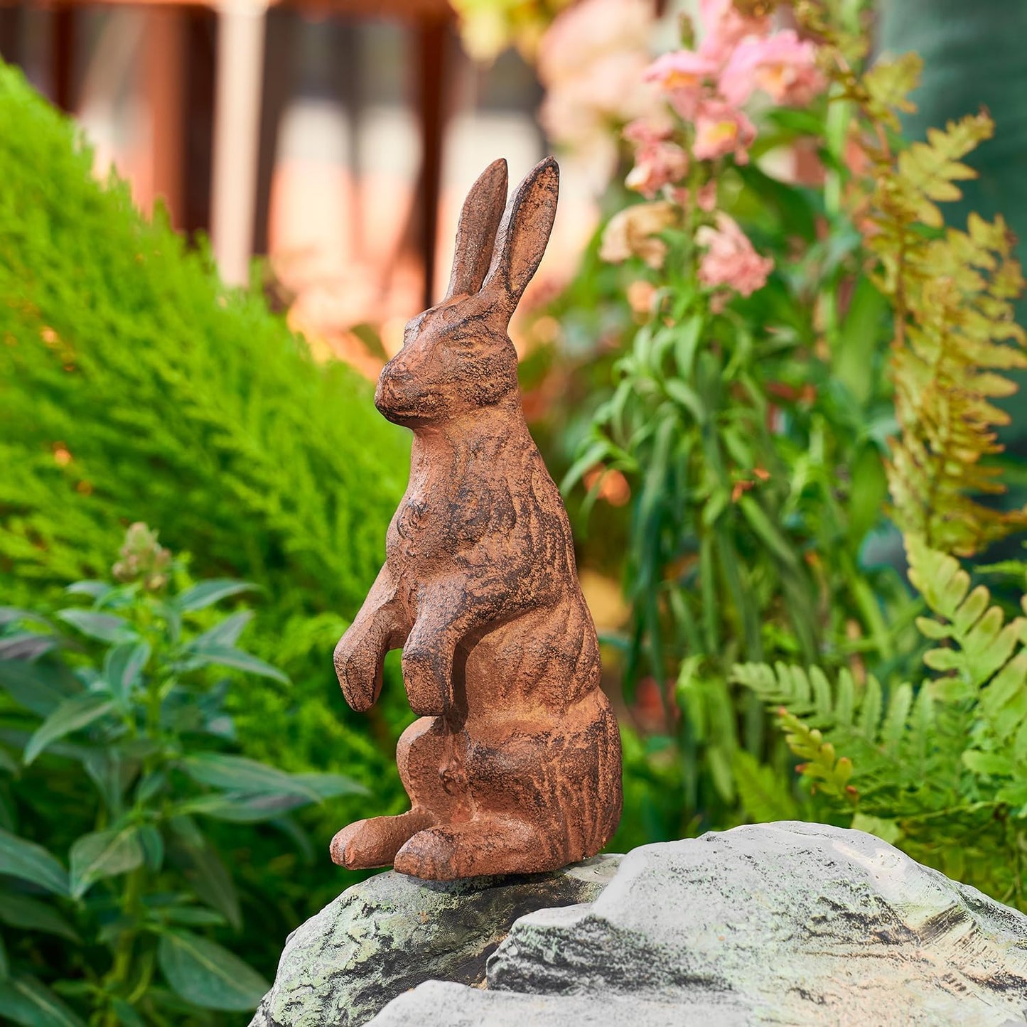 Sungmor Cast Iron Rabbit Statue,Rustic Rust Heavy Duty Animal Collection Sculpture, Paperweight, Doorstop, Adorable Garden Figurine - Standing Rabbit Statue