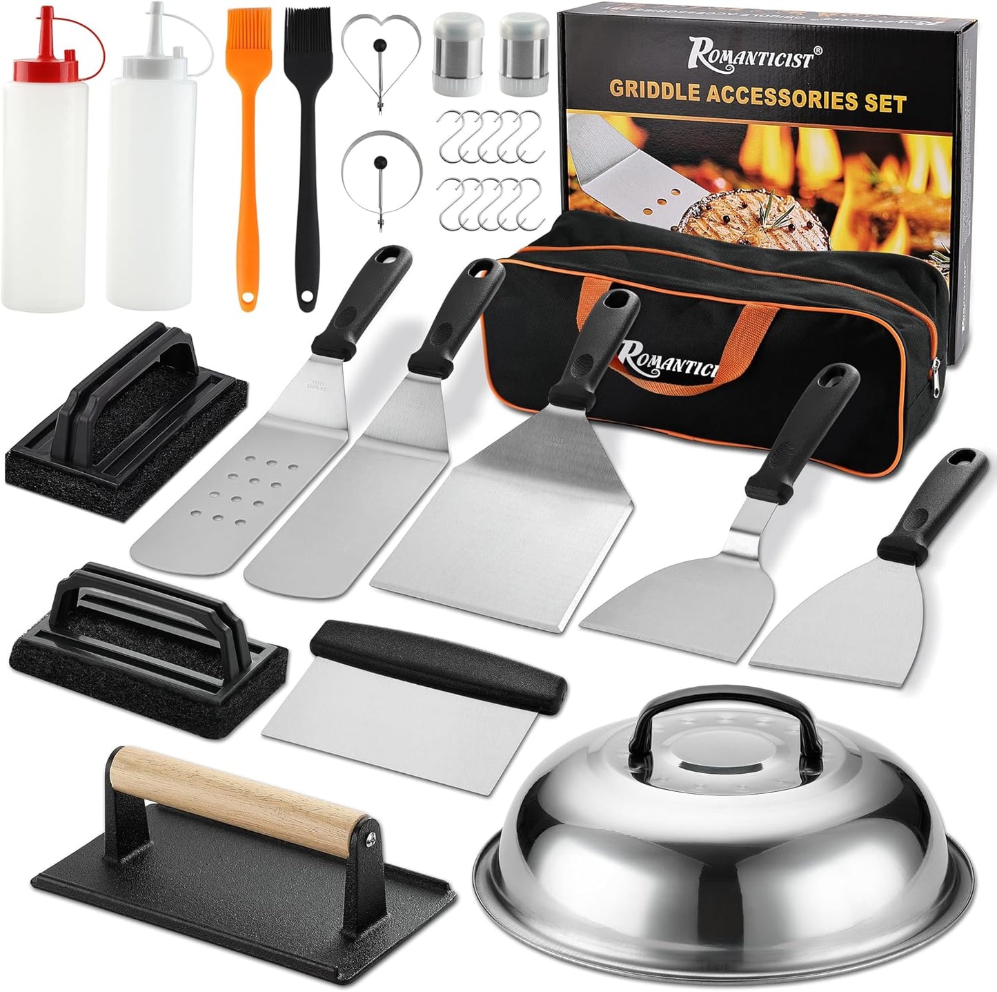 ROMANTICIST 29PCS Griddle Accessories Set - Flat Top Teppanyaki Spatula Set with Scraper, Basting Cover for Camp Chef- Home Cooking Griddle and Outdoor BBQ Gifts for Christmas