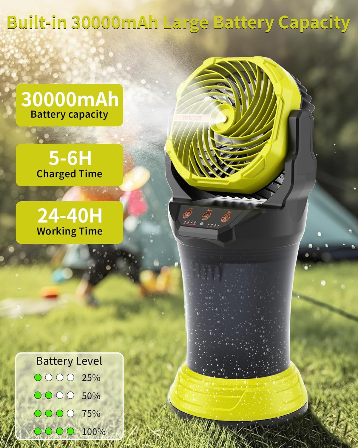 Portable Misting Fan with Large Battery Fan-Rechargeable Outdoor Misting Cooling Fans with 2L Water Tank,RGB Lights,4 Speeds & Spray Modes-for Patio, Camping, Beach, Workshop (Green)