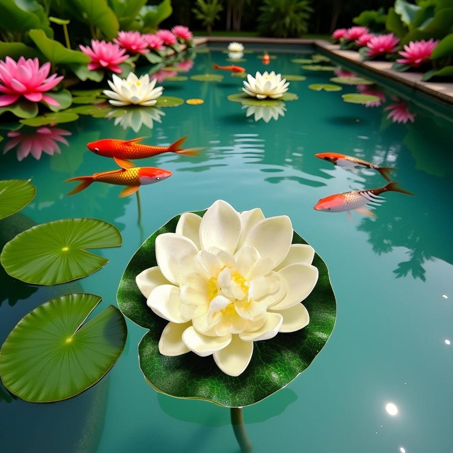 2Pcs White Artificial Floating Foam Lotus Flowers with Water Lily Pad Ornaments,Perfect for Patio Koi Pond Pool Aquarium Home Garden Wedding Party Holiday Decoration Water Gardens and Ponds