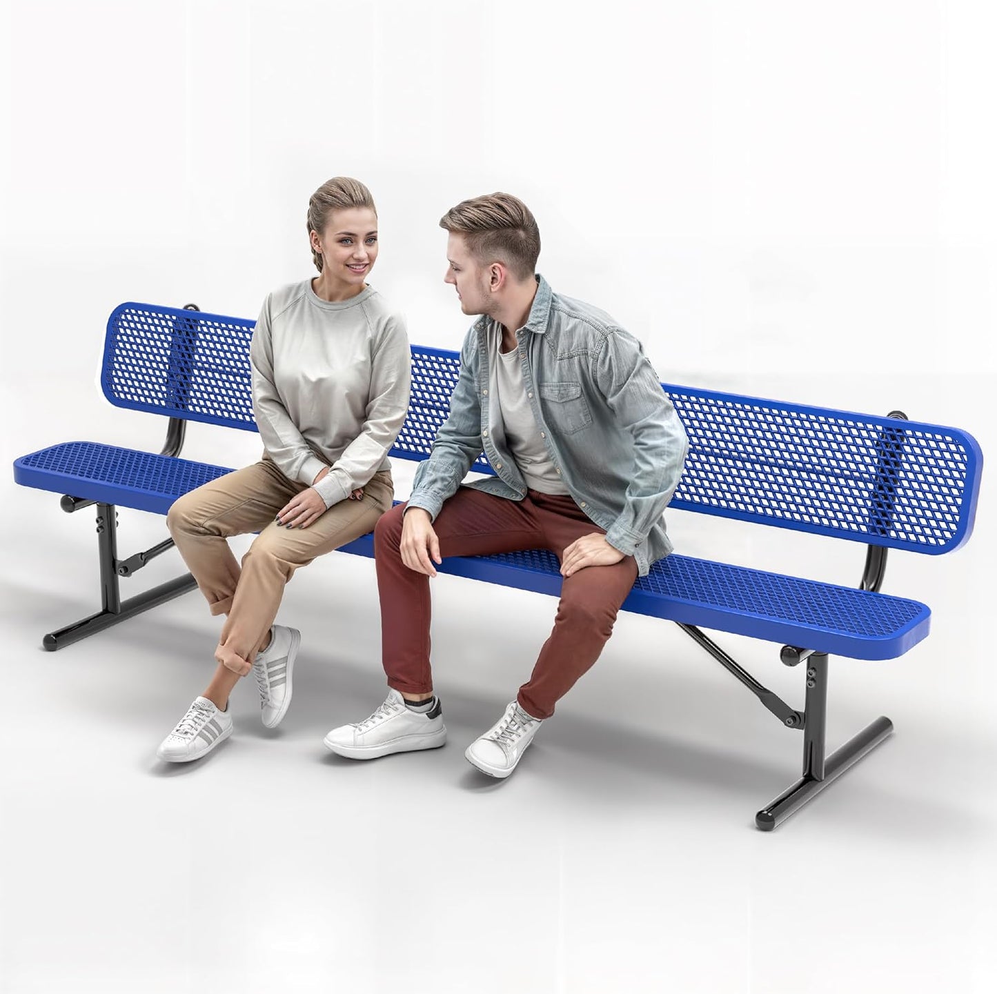 Heavy-Duty Outdoor Metal Bench, Thermoplastic-Coated, Portable, Weatherproof, Commercial-Grade for Parks, Gardens, Patios, Stores & More (8 Ft - Portable with Back, Blue)