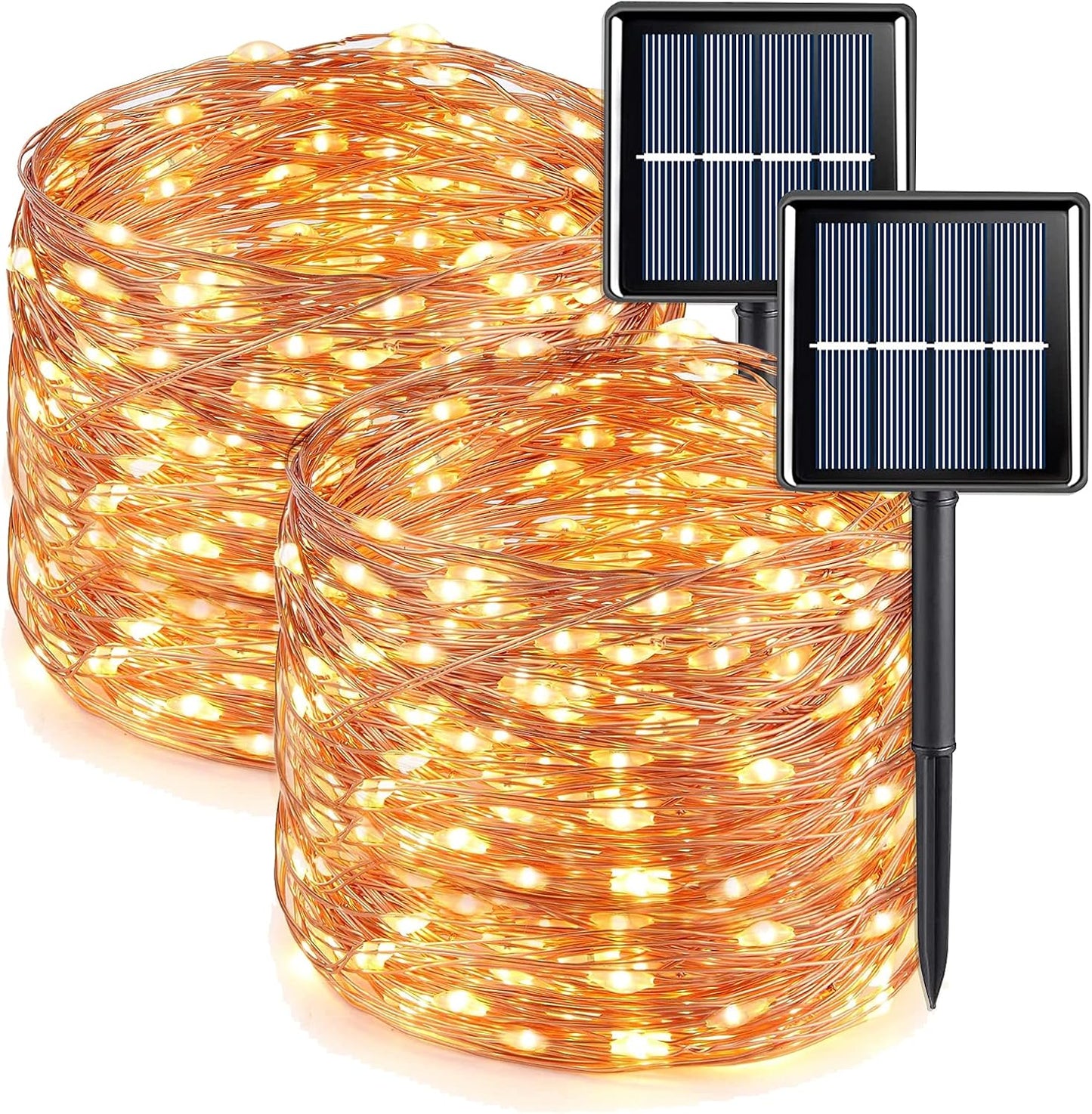 QITONG Warm White Solar Fairy Lights Outside Waterproof, 2 Pack 66ft 200 LED String Lights Outdoor, 8 Modes Silver Wire Twinkle Lights