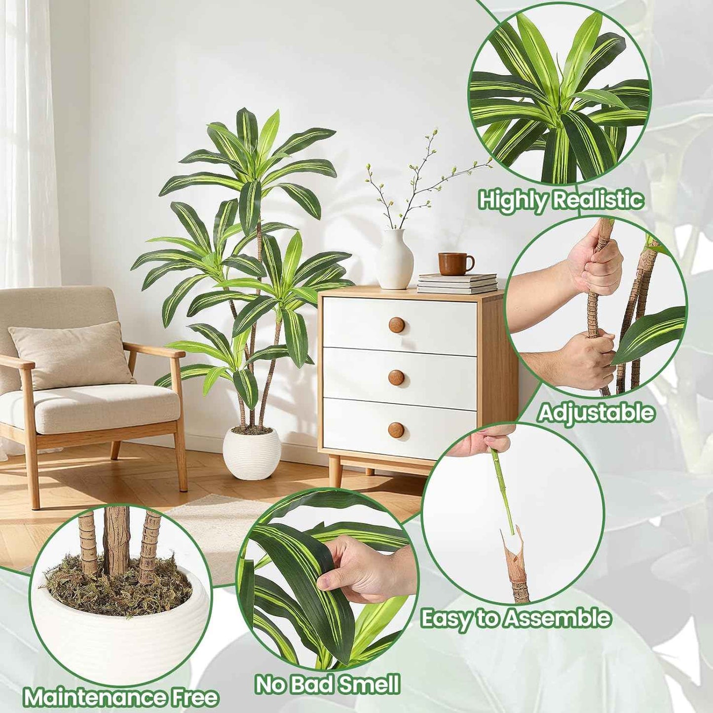 4FT Artificial Dracaena Tree, Artificial Plants Indoor with White Tall Planter, Faux Yucca Silk Tree Fake Tropical Floor Plant in Pot, Fake Plants for Home House Room Office Entryway Porch Decor