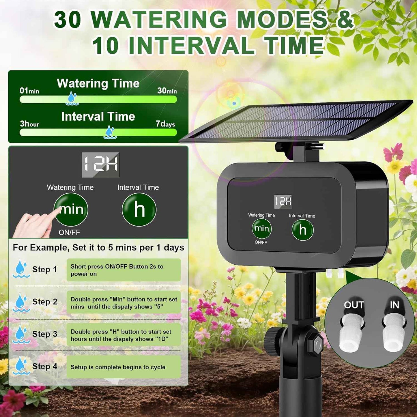 LCD Display Solar Drip Irrigation System Kit, 30 Working Modes & 10 Watering Interval Solar Powered Drip Irrigation Kit Supports 15 Potted Plants, 2200mAh Automatic Watering System for Garden