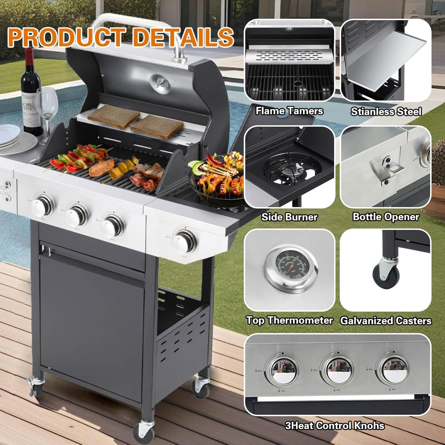 Endark 3-burner propane gas grill | 37,000 BTU stainless steel with side-fire function | with enameled cast iron grate, thermometer and side stand wheels | great for patio and garden outdoor cooking