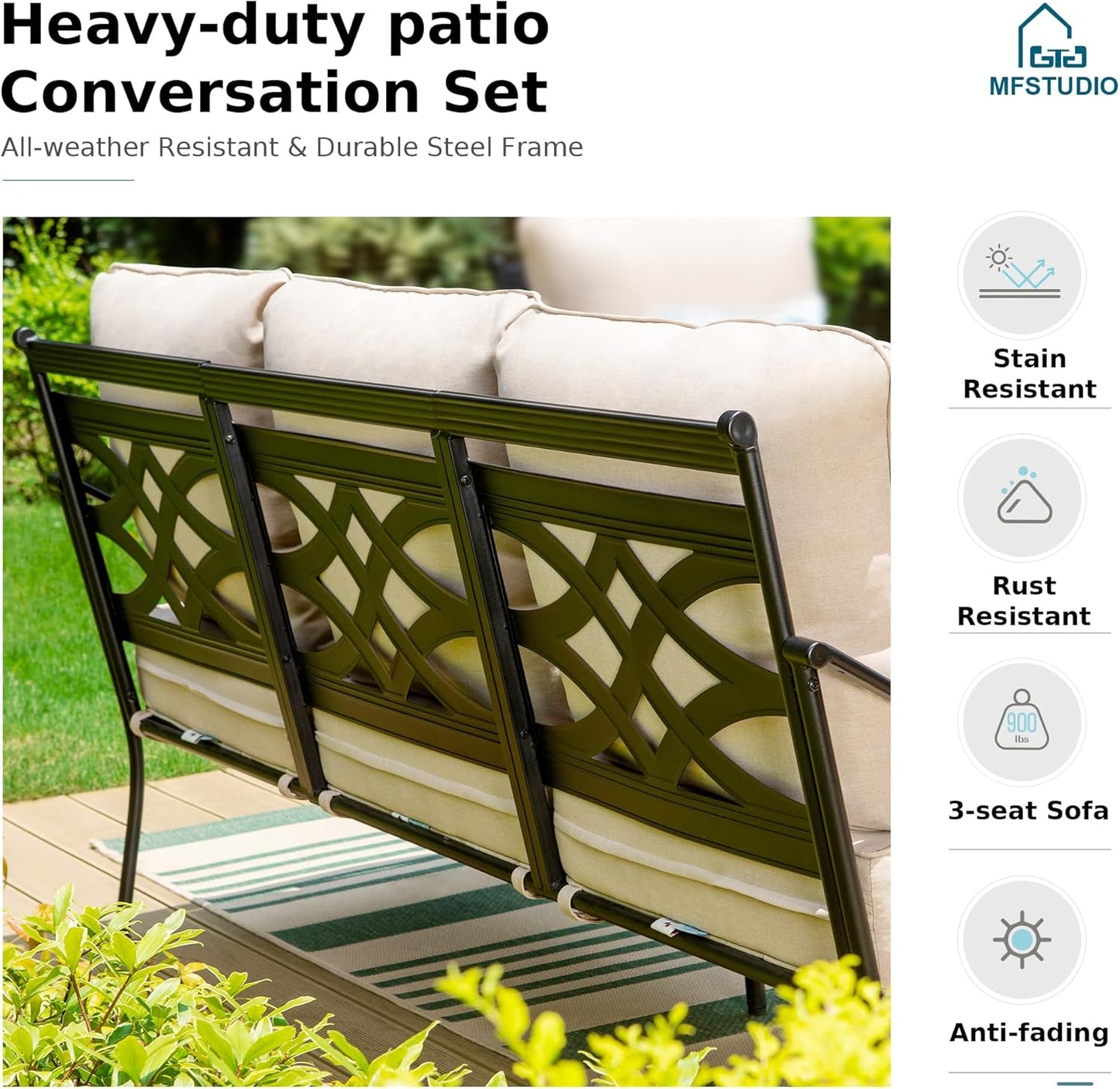MFSTUDIO 7 Seats Large Metal Patio Conversation Sets, 6 Pieces Outdoor Furniture Sofa with 2 Motion Chairs, 2 Fixed Chairs, 1 Sofa(3-seat) and Table for Outside Balcony Backyard Poolside