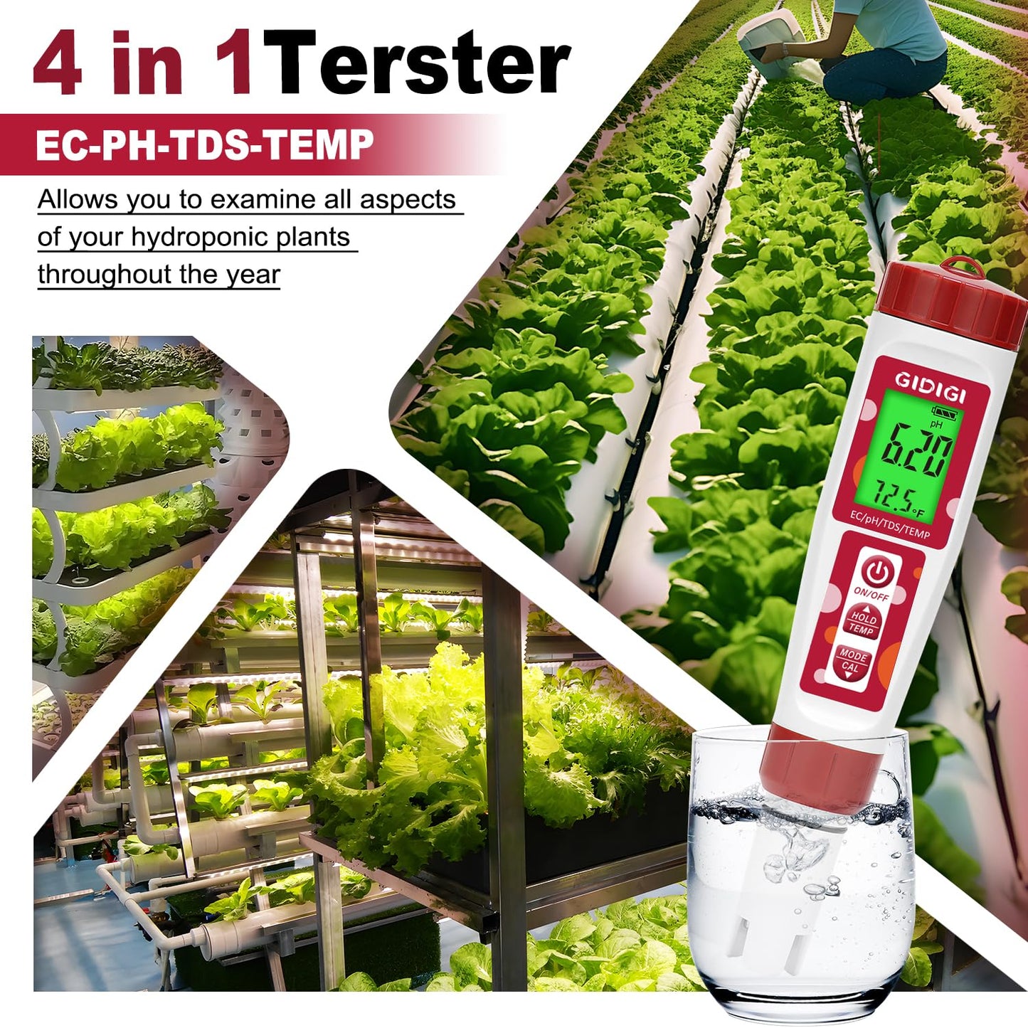 pH Meter for Water, 4 in 1 EC PPM Temp pH Tester for Hydroponic, TDS Water Tester for Drinking Water, Digital pH Meter with Backlit & ATC for Hydroponic Nutrient, Pool, Aquarium, Home Use