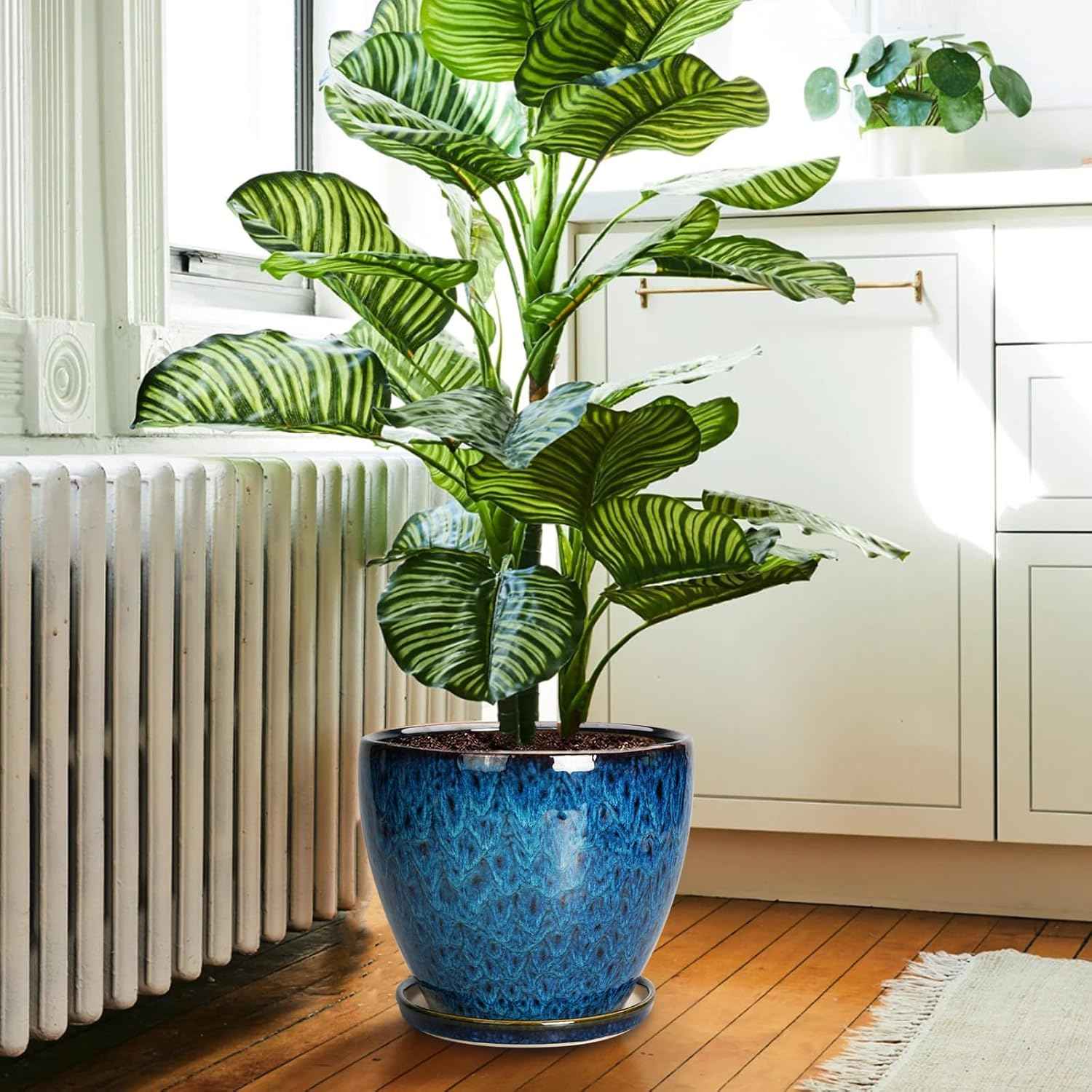 10 Inch Ceramic Planter Pot Round Plant Pot for Indoor Plants Outdoor Large Flower Pot with Drainage Hole and Saucer Blue