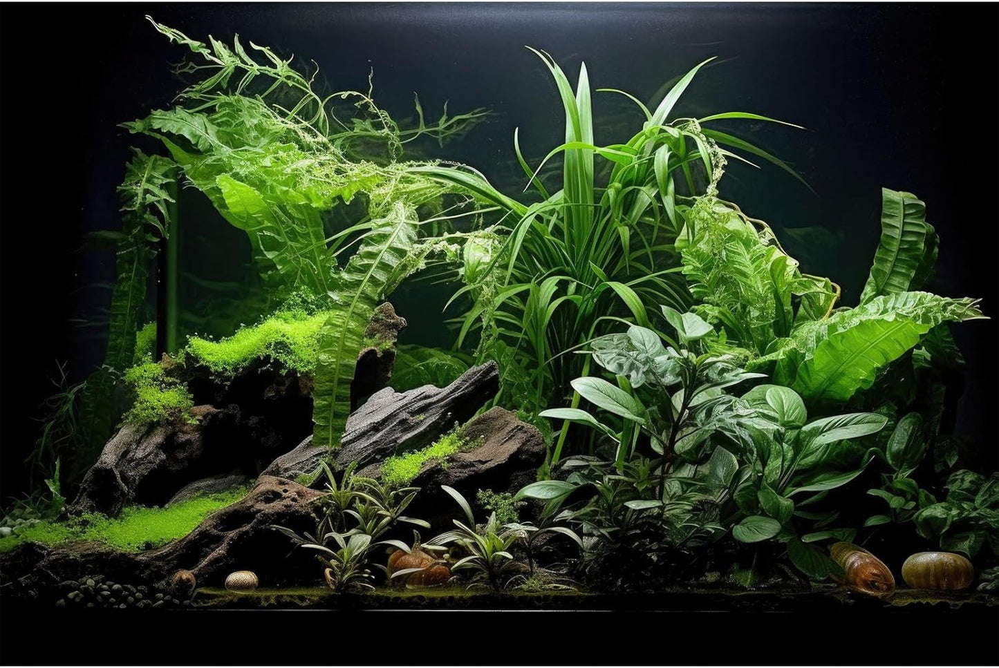 Aquarium Background Freshwater Green Plants Terrarium Background Aquatic Underwater Sea Grass Tank Background Wood Root Rock with Moss Jungle Style Fish Tank Background Poster Wallpaper 30x18in