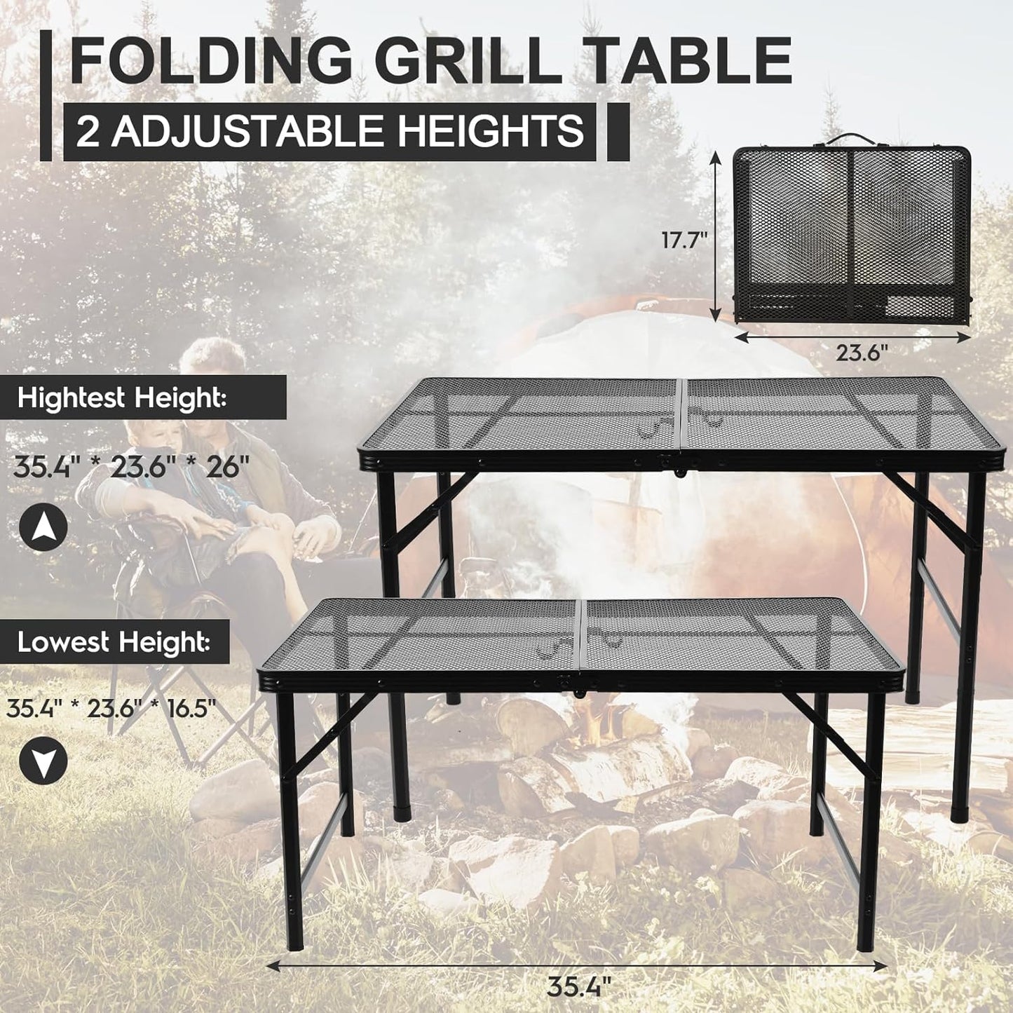 Folding Grill 3x2 FT Portable Camping Table, Lightweight Height Adjustable Metal Picnic Outdoor Table with Mesh Desktop and Mesh Bag, Beach and BBQ, Party