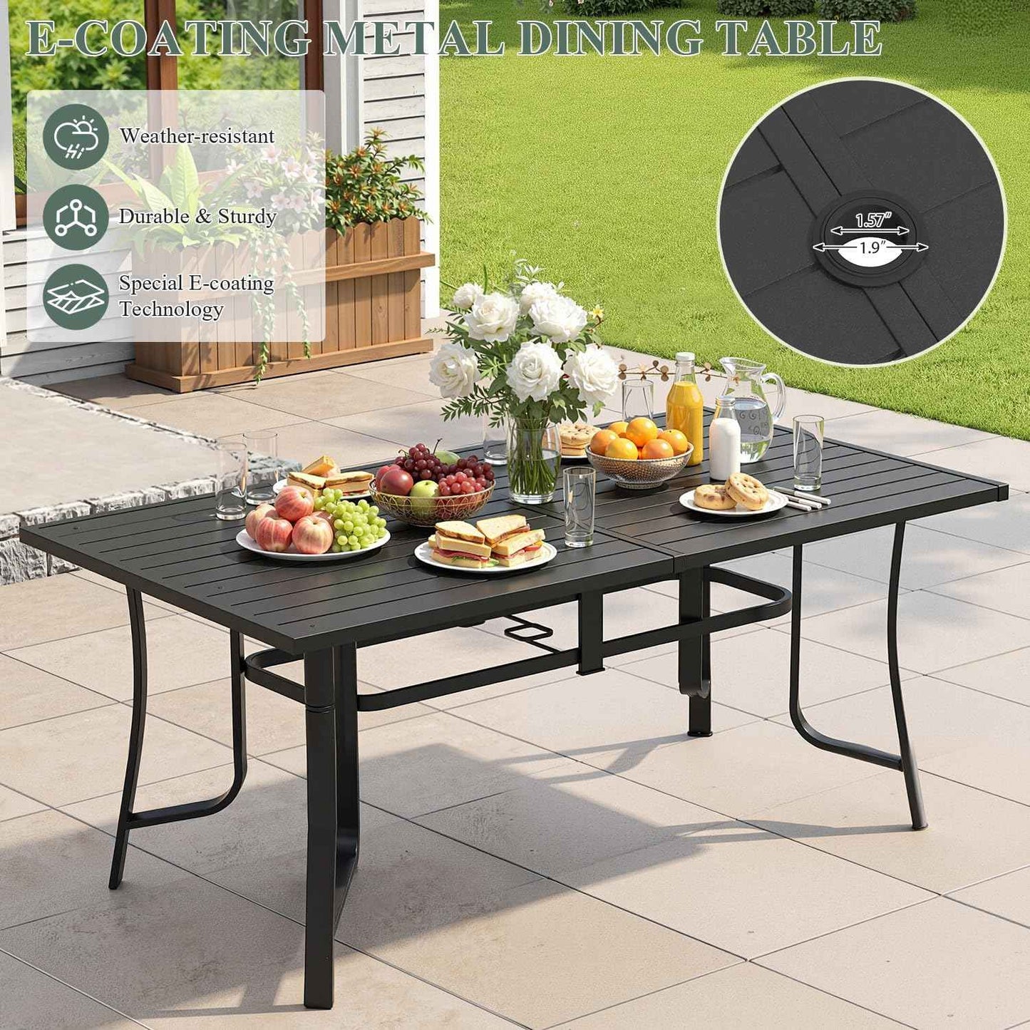 7 Pieces Patio Table and Chairs Set, 63" Metal Dining Table with Umbrella Hole, 6 High Back Textilene Swivel Chairs, Dining Table Set for 6, Outdoor Furniture for Porch Deck Yard Balcony, Brown