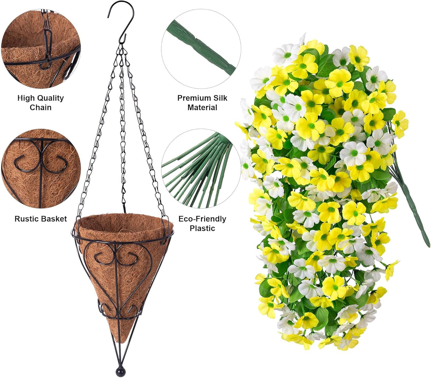 Ammyoo Artificial Hanging Flowers in 12 inch Basket, Fake Plant Silk Orchid Flower Arrangement with Coconut Lining Pot Planter for Patio Garden Porch Deck Spring Summer Decor(Yellow White)