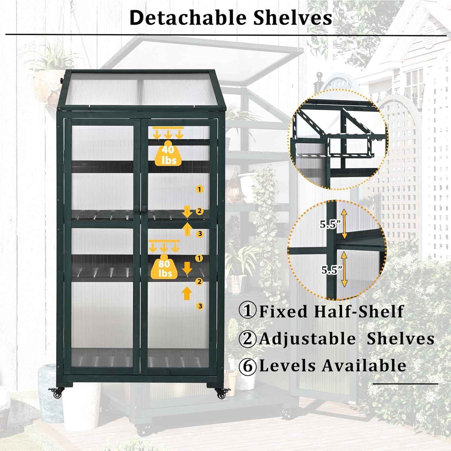 62‘’Wooden Greenhouse, Cold Frame Portable Greenhouse with Wheels and Adjustable Shelves for Indoor Outdoor Patio Balcony Garden, 31.5" Lx22.4 Wx62 H, Green
