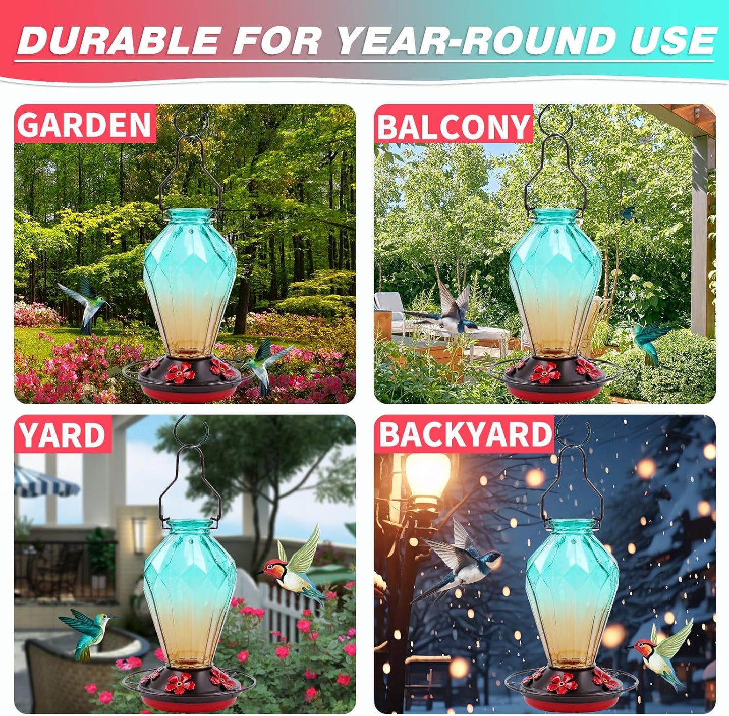 Glass Hummingbird Feeder for Outdoors Hanging, 25Oz Humming Bird Nectar Feeder, Perch, 5 Flower Feeding Ports, Leak Proof Base, Hook for Outside Garden Backyard, Gift for Women, Diamond Green