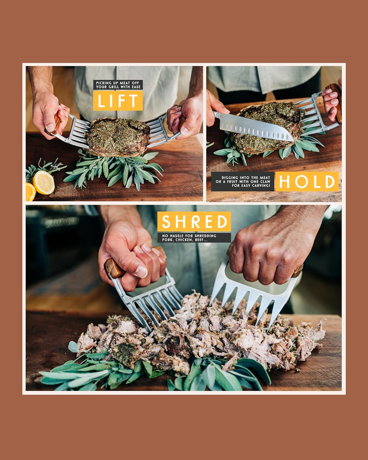 Premium 18/8 Stainless Steel Meat Shredder Claws with Wooden Handles: Effortlessly Shred, Pull, and Serve Pork, Turkey, Chicken, and Brisket! - Lumora Garden