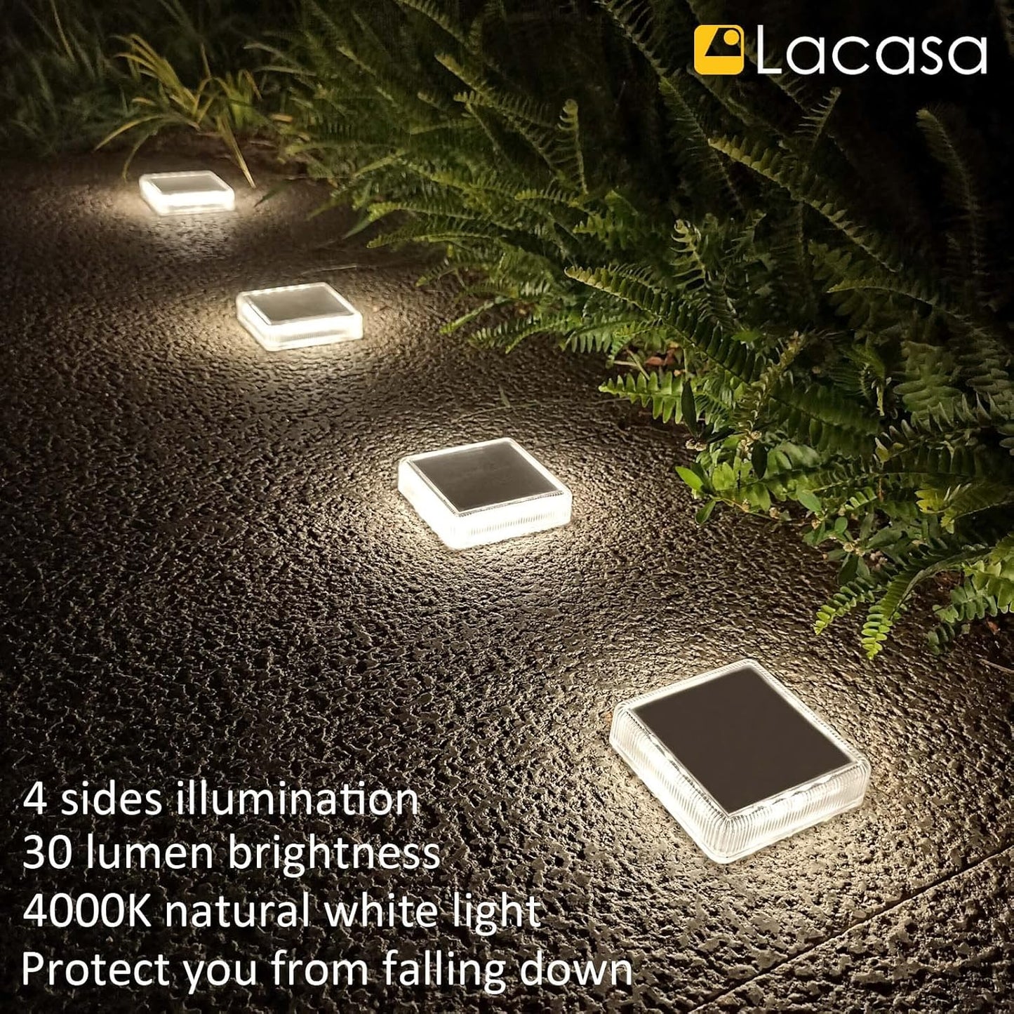 Lacasa Solar Deck Lights, 4 Pack 30LM LED Dock Lights Natural White 4000K, Outdoor Solar Powered Step Lights Light up All Night IP68 Waterproof Auto ON/Off for Garden Stairs Driveway Pathway Lighting