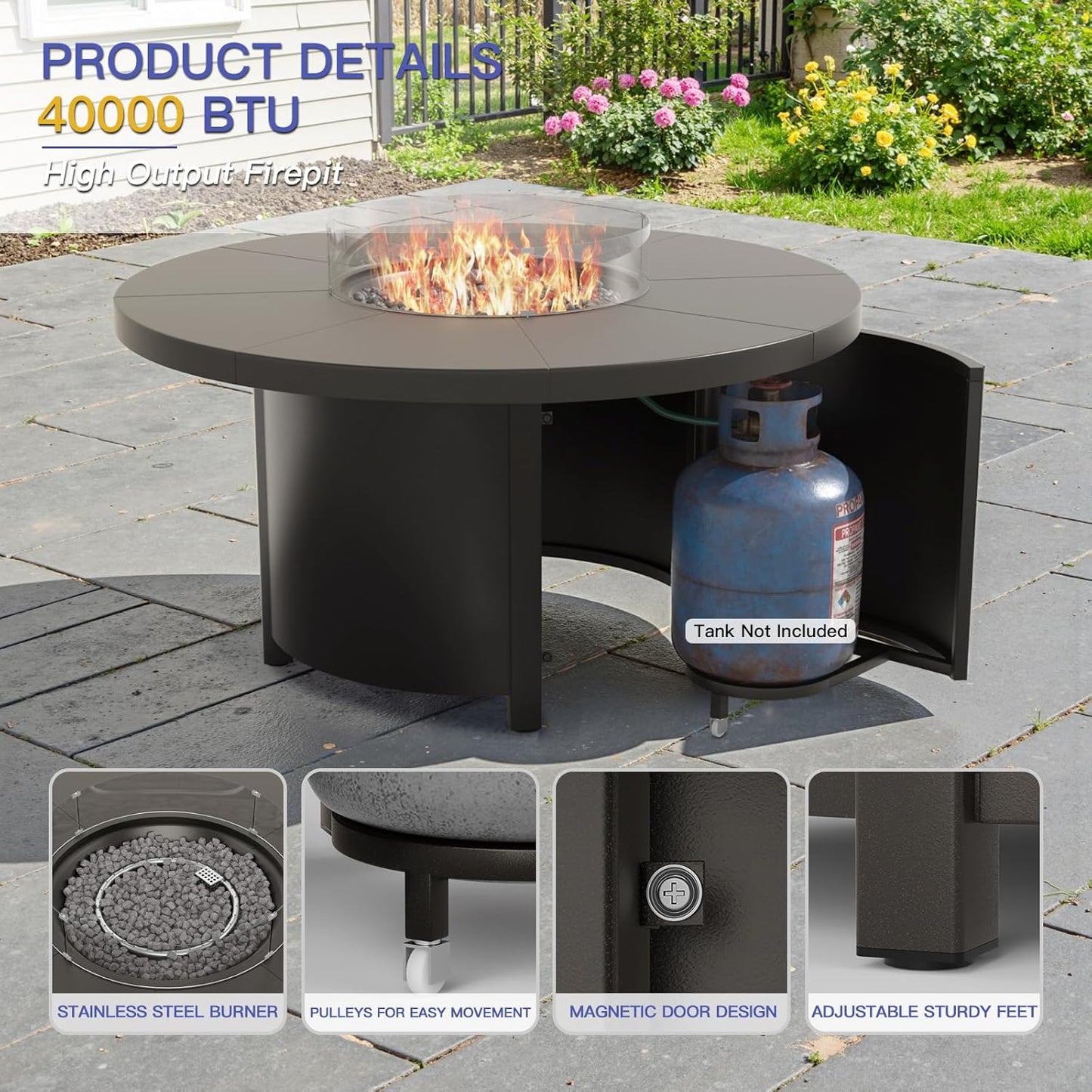 Kurapika 5 Piece Metal Outdoor Patio Furniture Set with Round Fire Pit Table, Patio Conversation Sets 4 Swivel Chairs with Thick Cushion and 40000 BTU Fire Pit Table, Navy Blue