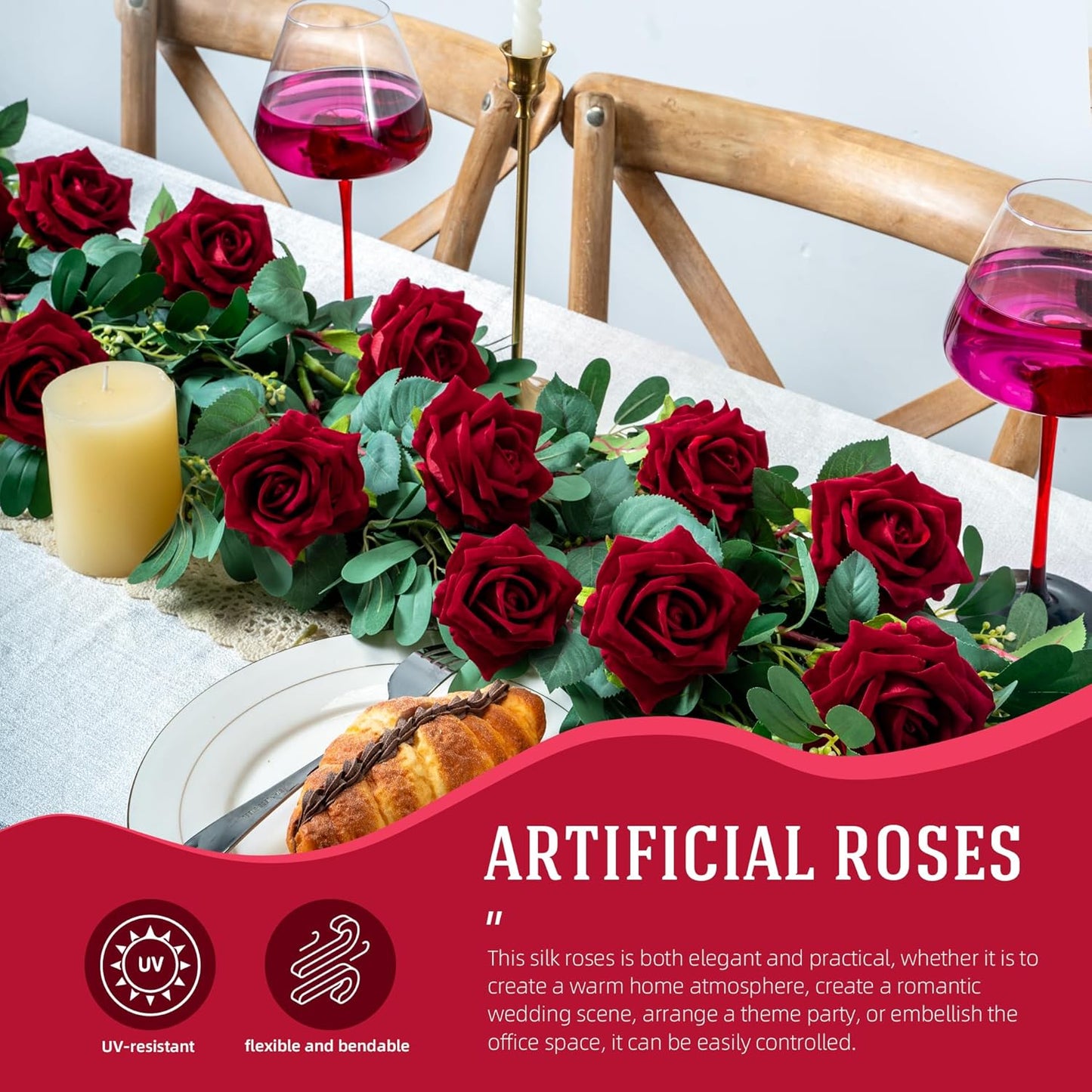 Fake Roses Faux Flowers Silk Roses Artificial Roses with Stems Realistic Artificial Flowers Suitable for Indoor Home Decoration DIY Bouquet Wedding Decor Party Decor 16.5In (12PCS, Red)